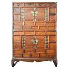 Used Early 20th Century Korean Tansu Wedding Two Part Cabinet With Butterfly Hardware