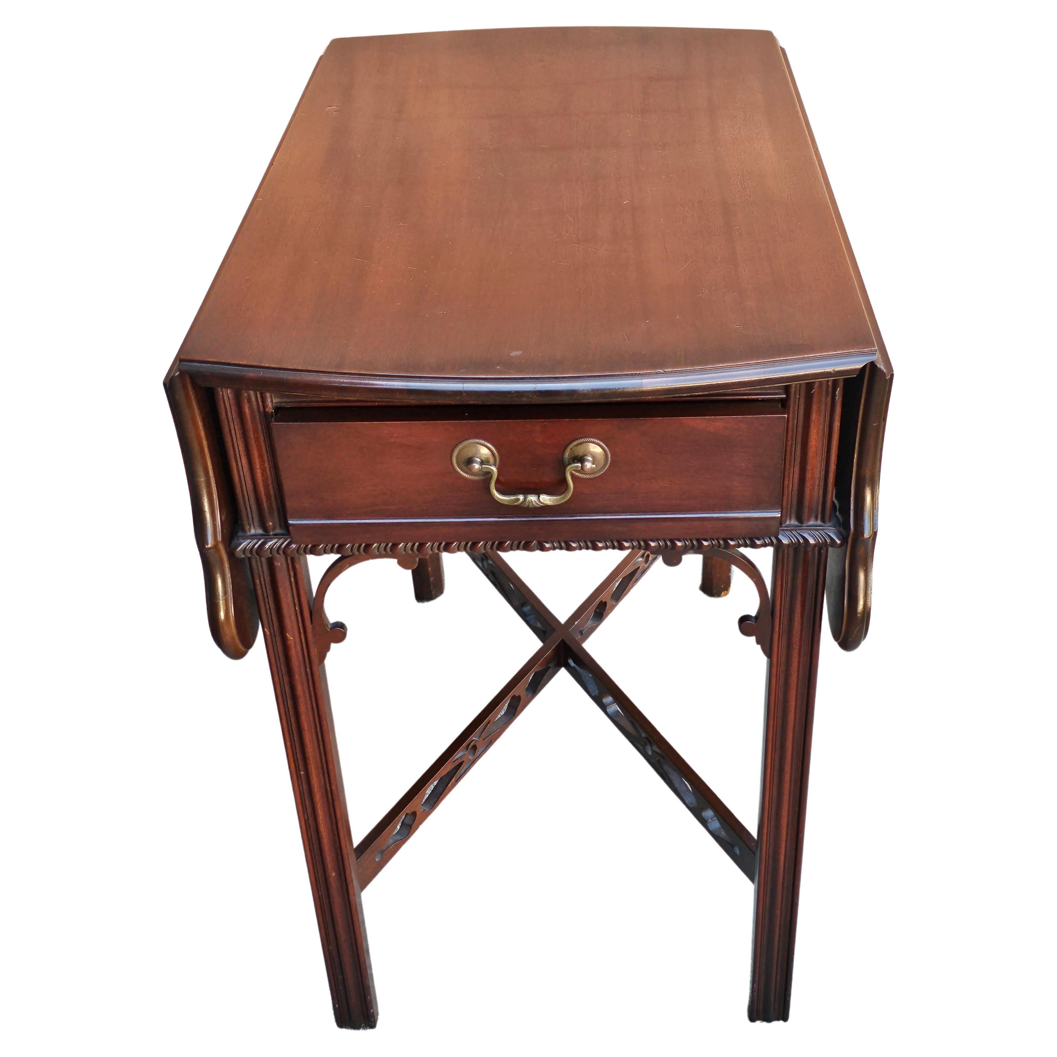 A rare early 20th century Kreimer and Brother Furniture Co Mahogany Pembroke table with fretworked cross stretcher in good antique. Designed by Imperial Furniture. Table appears to have been refinished not long ago. Measures 37