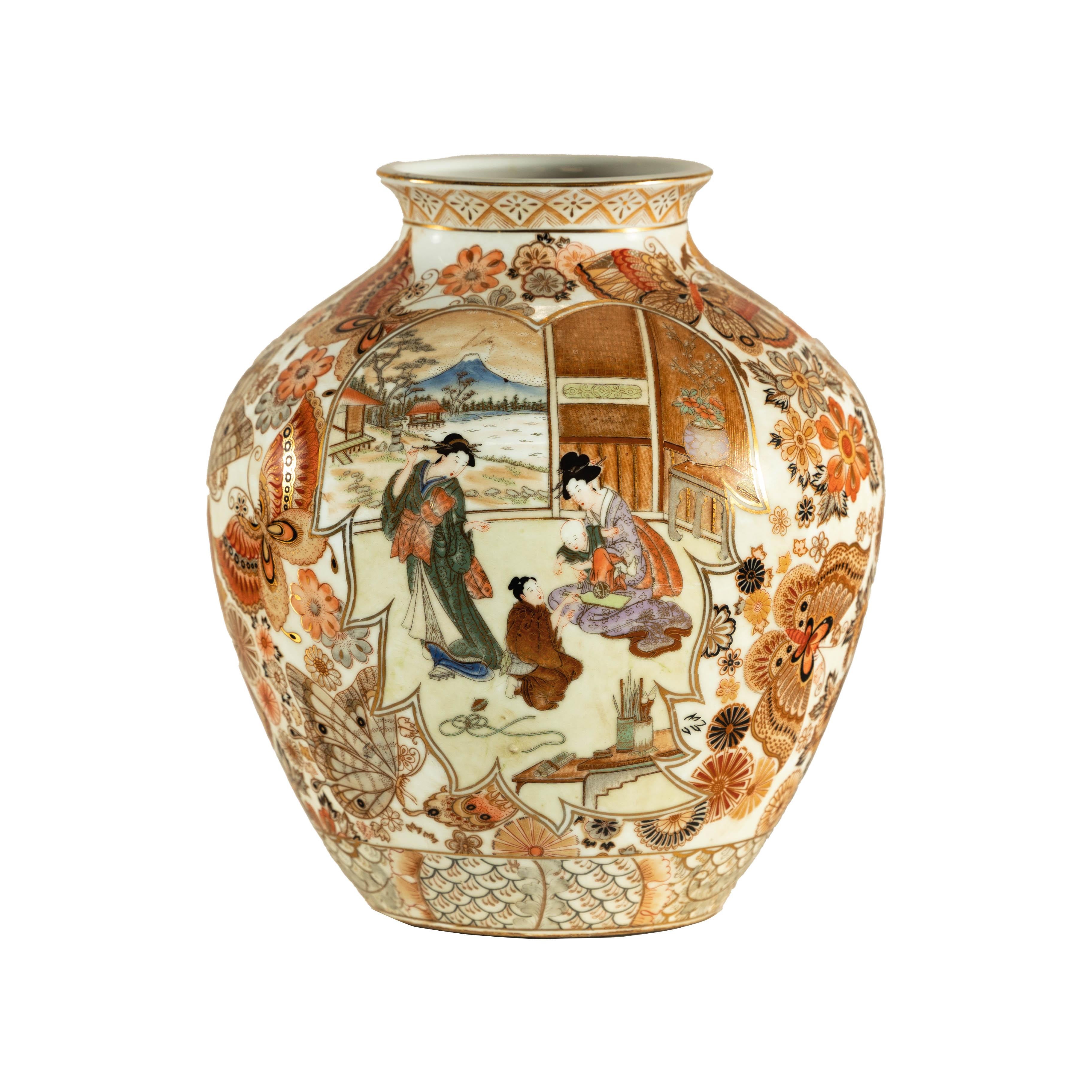 Porzellanvase im Kutani-Stil des frühen 20. Jahrhunderts mitszenischen und geblümten Mustern im Angebot 11