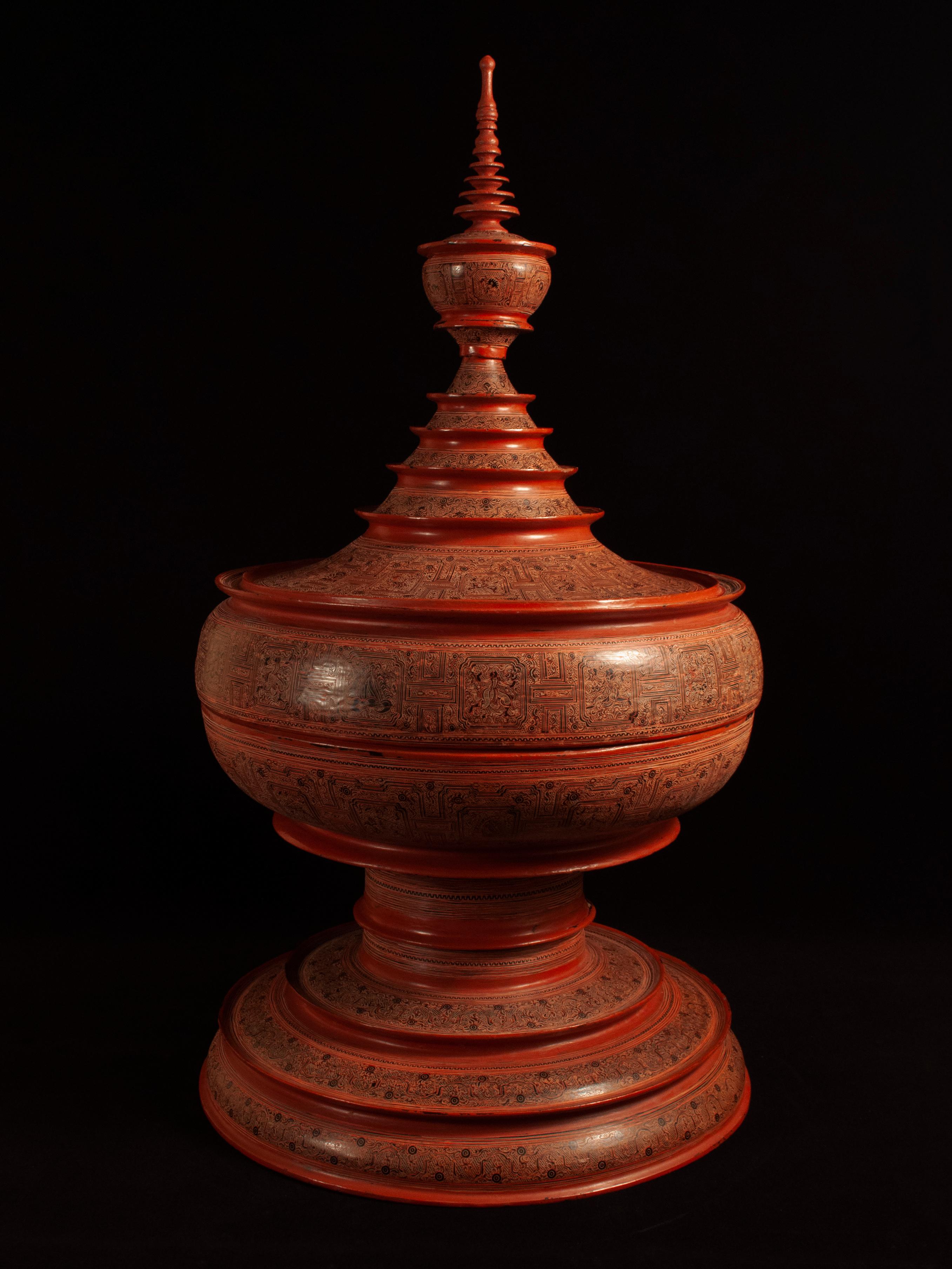 Tribal Early 20th Century Lacquer and Bamboo Offering Vessel, Hsun Ok, Pagan, Burma