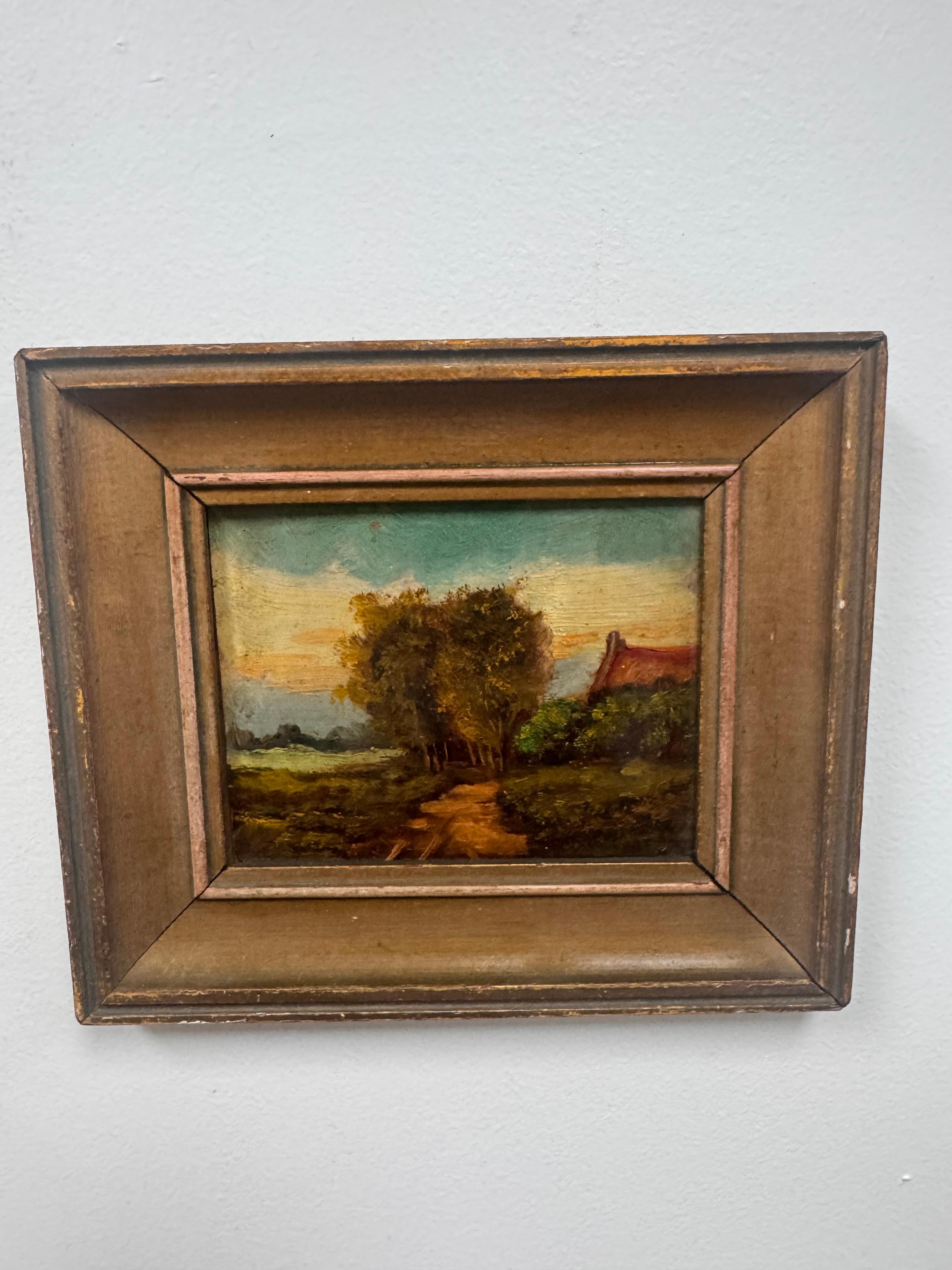 
Early 20th Century Landscape Painting by H. Wester – Dutch Artist

Captivating small oil on board painting by Dutch artist H. Wester, dating from the early to mid-20th century. This enchanting landscape features a serene path lined with trees,