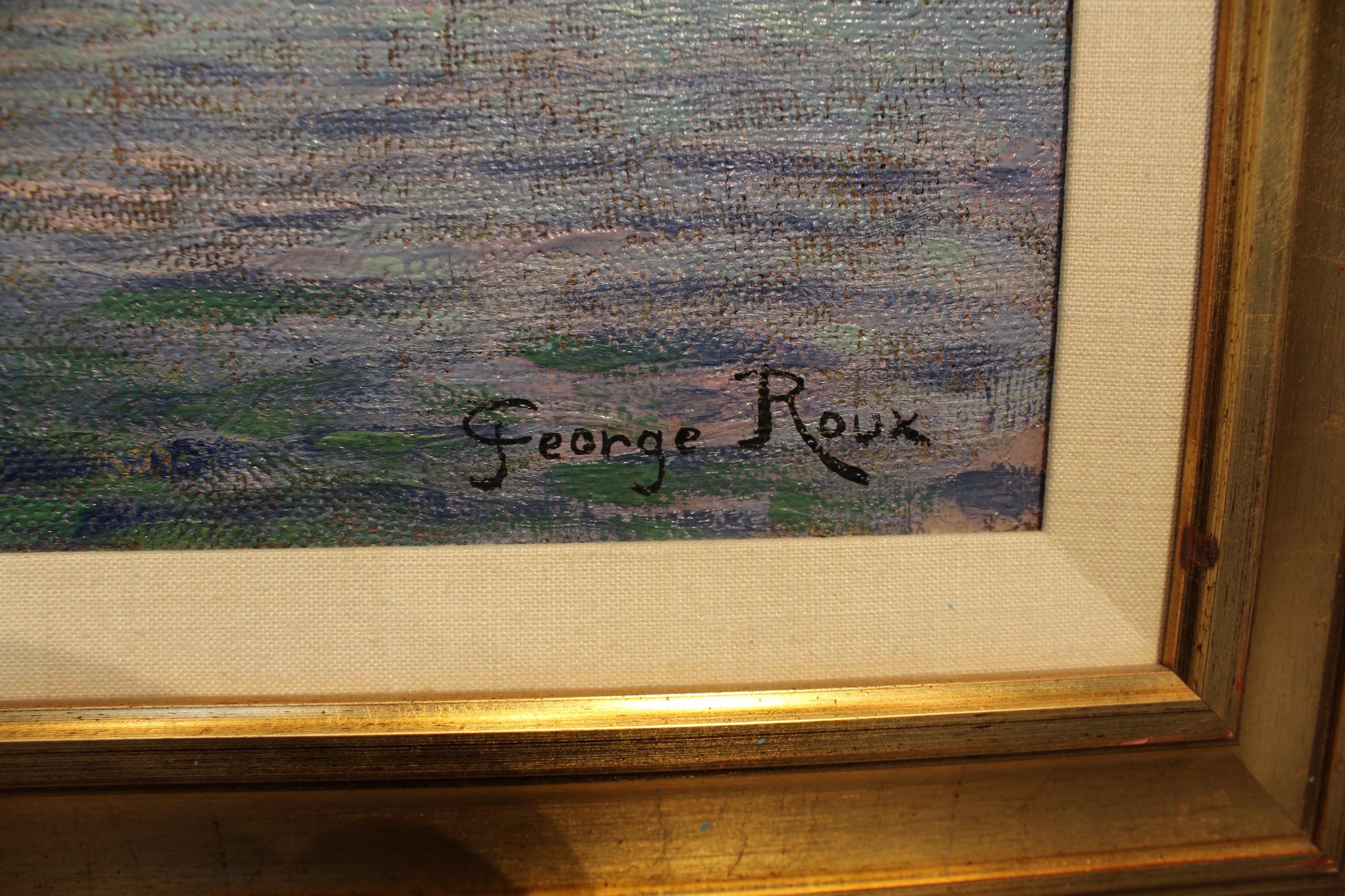 French Provincial Early 20th Century Landscape Painting of Southern French Port by George Roux For Sale