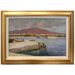 Early 20th Century Landscape Painting of Southern French Port by George Roux