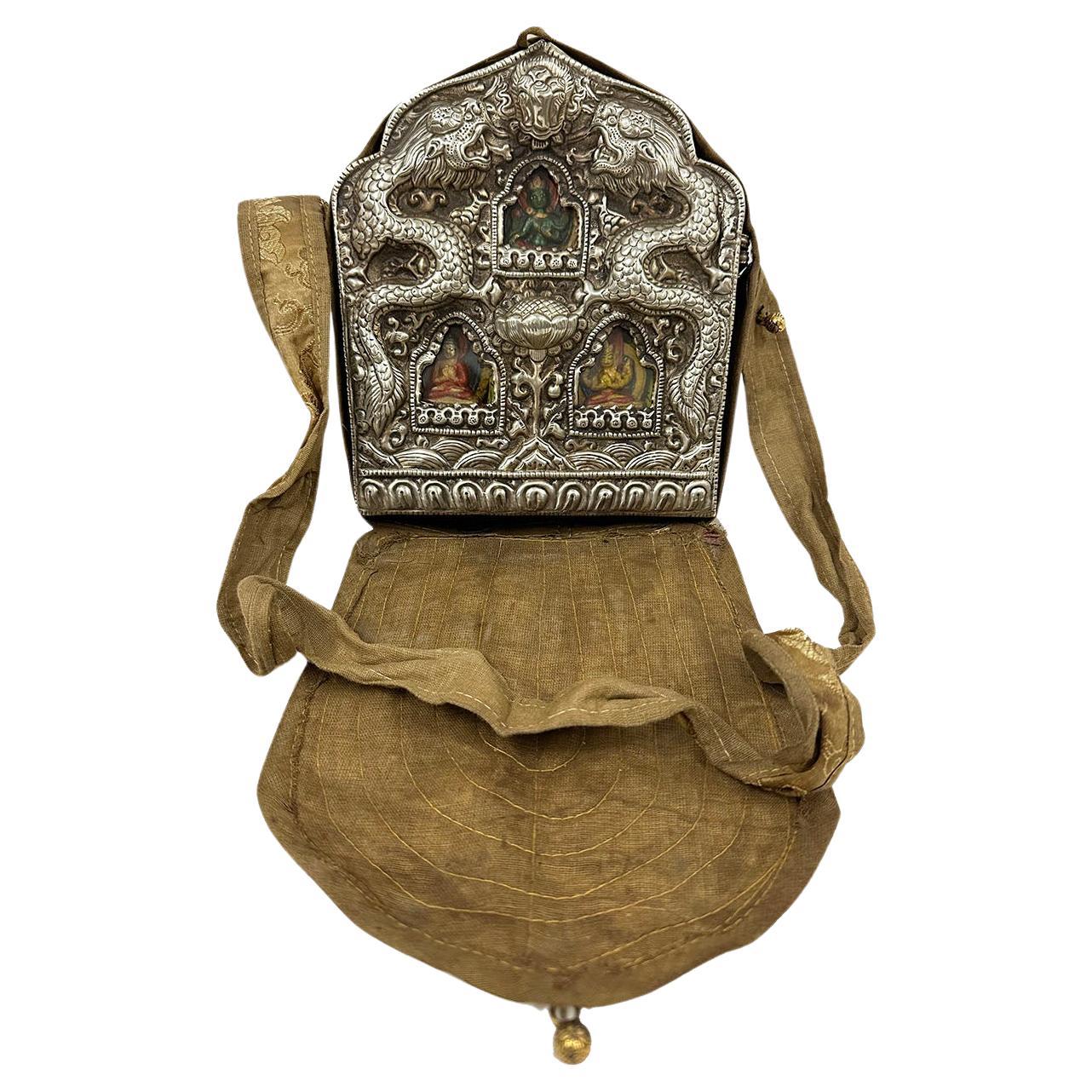 Early 20th Century Large Antique Tibetan Ghau Prayer Box With Three Buddha For Sale