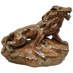 Antique Early 20th Century Large Art Deco Ceramic Golden Lion Figure Sculpture