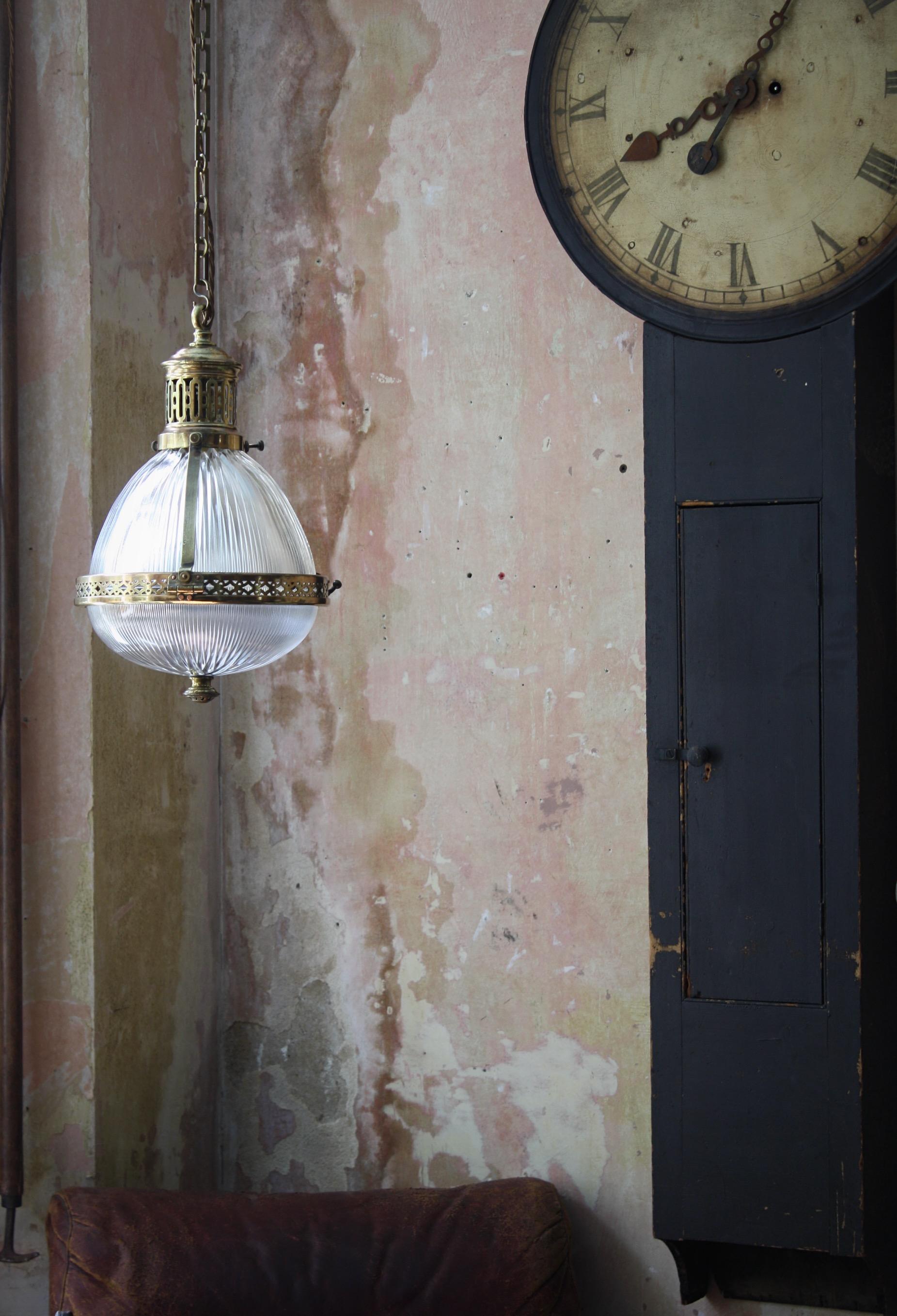 Early 20th Century Large Caged Brass and Prismatic Glass Holophane Lantern Light 8