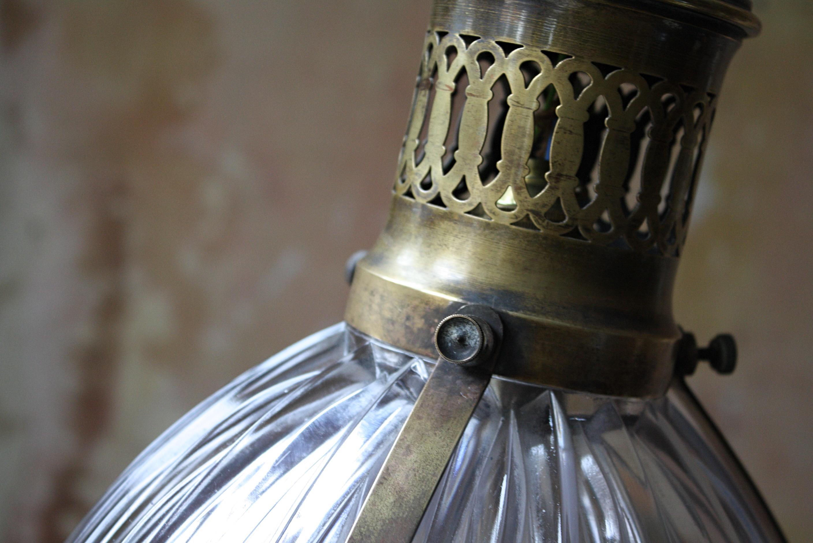 Early 20th Century Large Caged Brass and Prismatic Glass Holophane Lantern Light 9