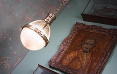 Early 20th Century Large Caged Brass and Prismatic Glass Holophane Lantern Light