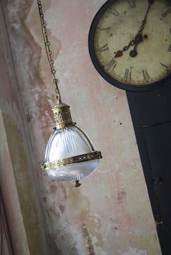 Early 20th Century Large Caged Brass and Prismatic Glass Holophane Lantern Light