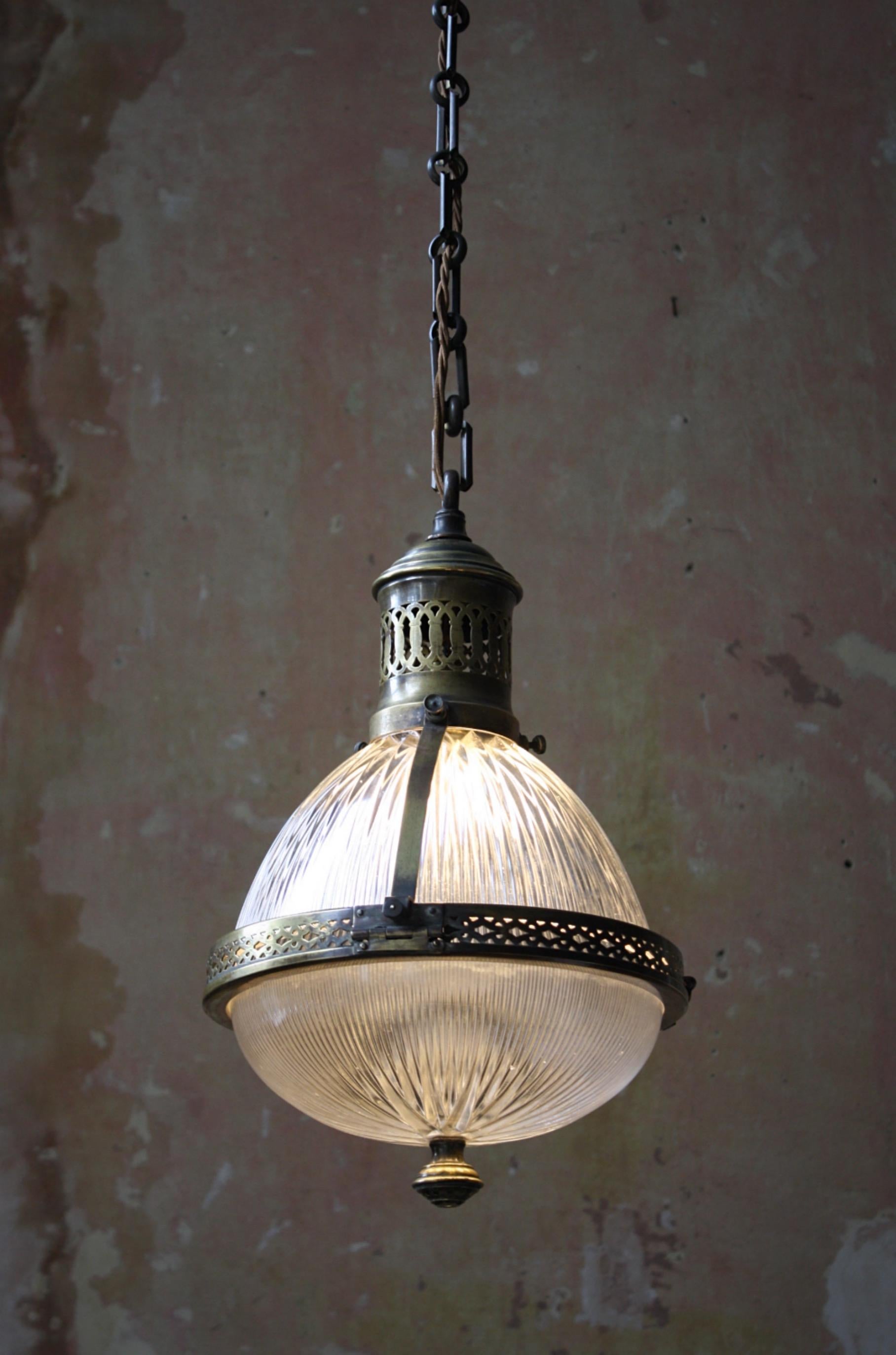 French Early 20th Century Large Caged Brass and Prismatic Glass Holophane Lantern Light