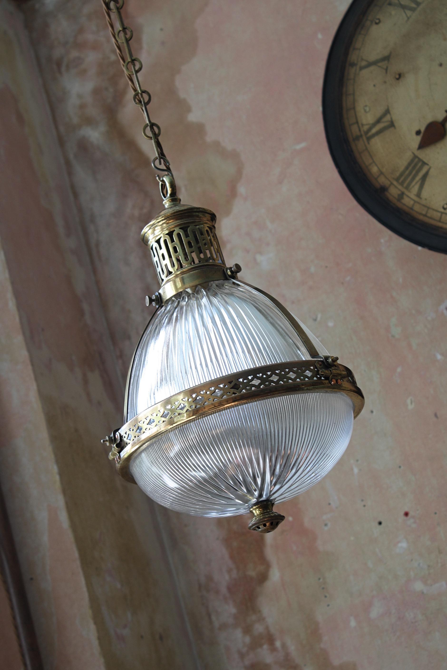 French Early 20th Century Large Caged Brass and Prismatic Glass Holophane Lantern Light