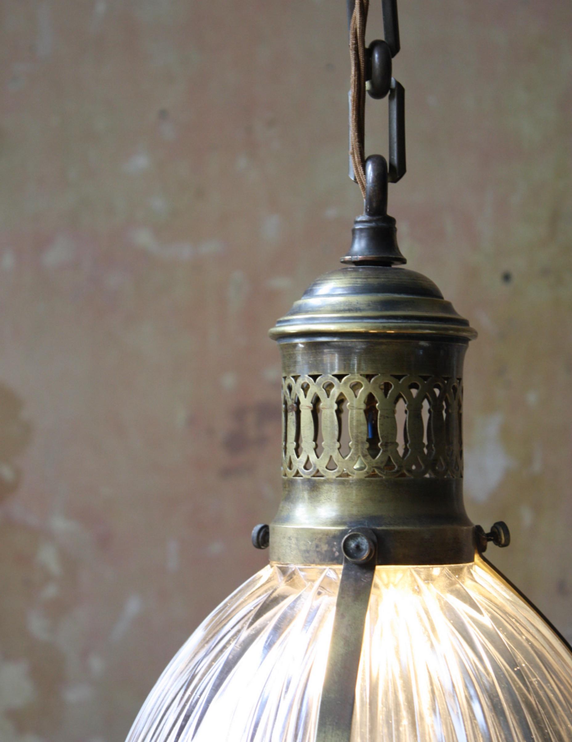 Early 20th Century Large Caged Brass and Prismatic Glass Holophane Lantern Light In Good Condition In Lowestoft, GB
