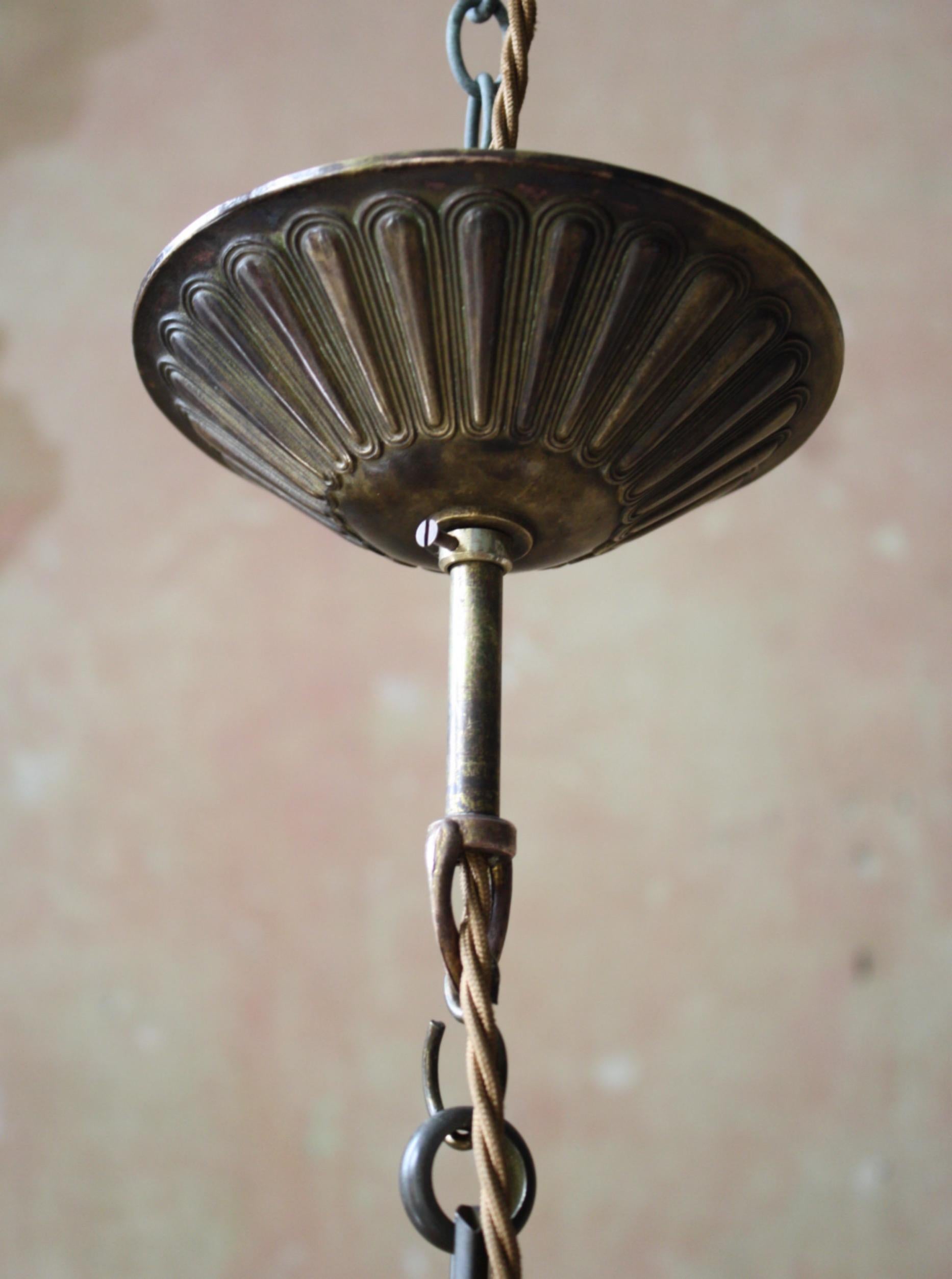 Early 20th Century Large Caged Brass and Prismatic Glass Holophane Lantern Light 1