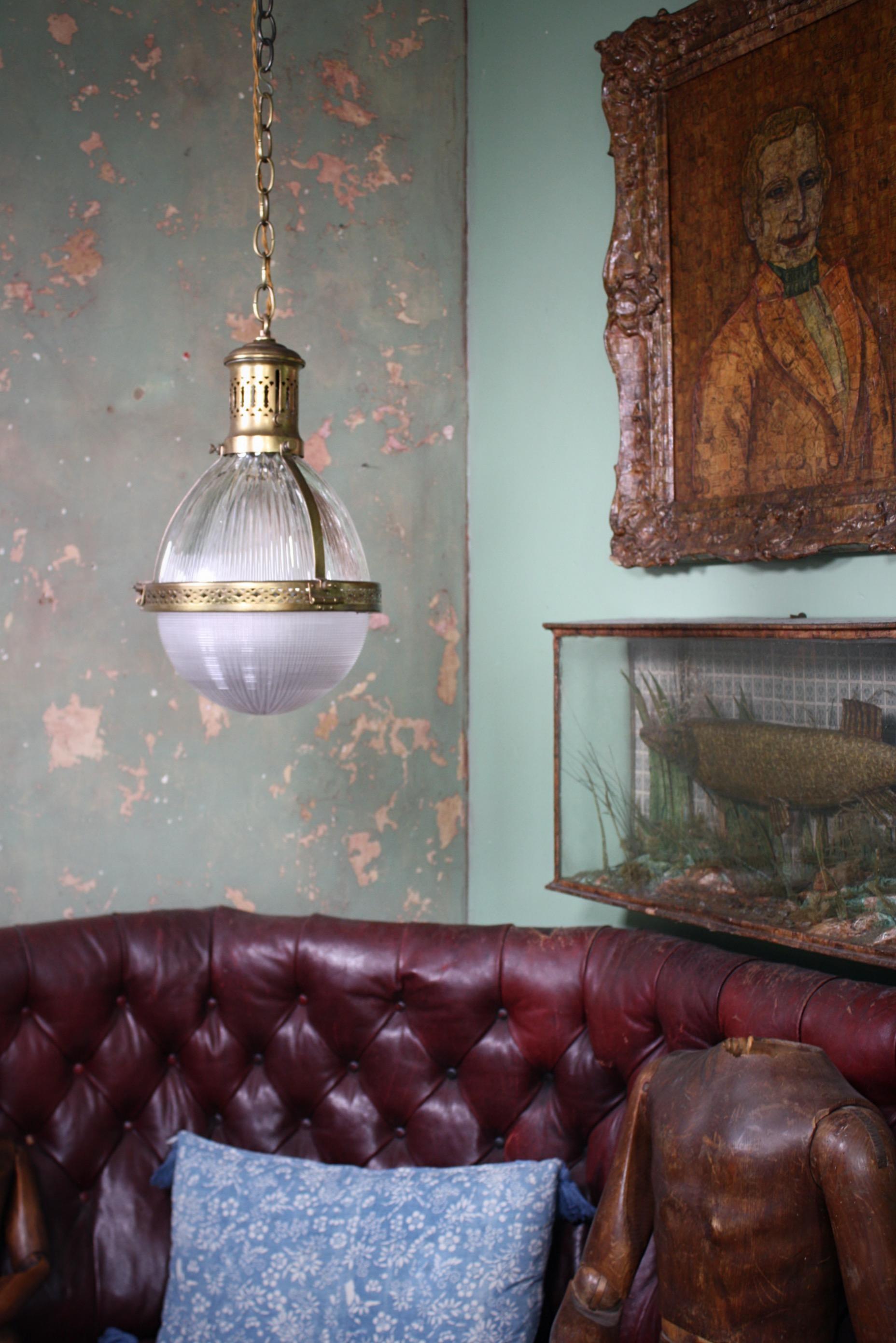 Early 20th Century Large Caged Brass and Prismatic Glass Holophane Lantern Light 2