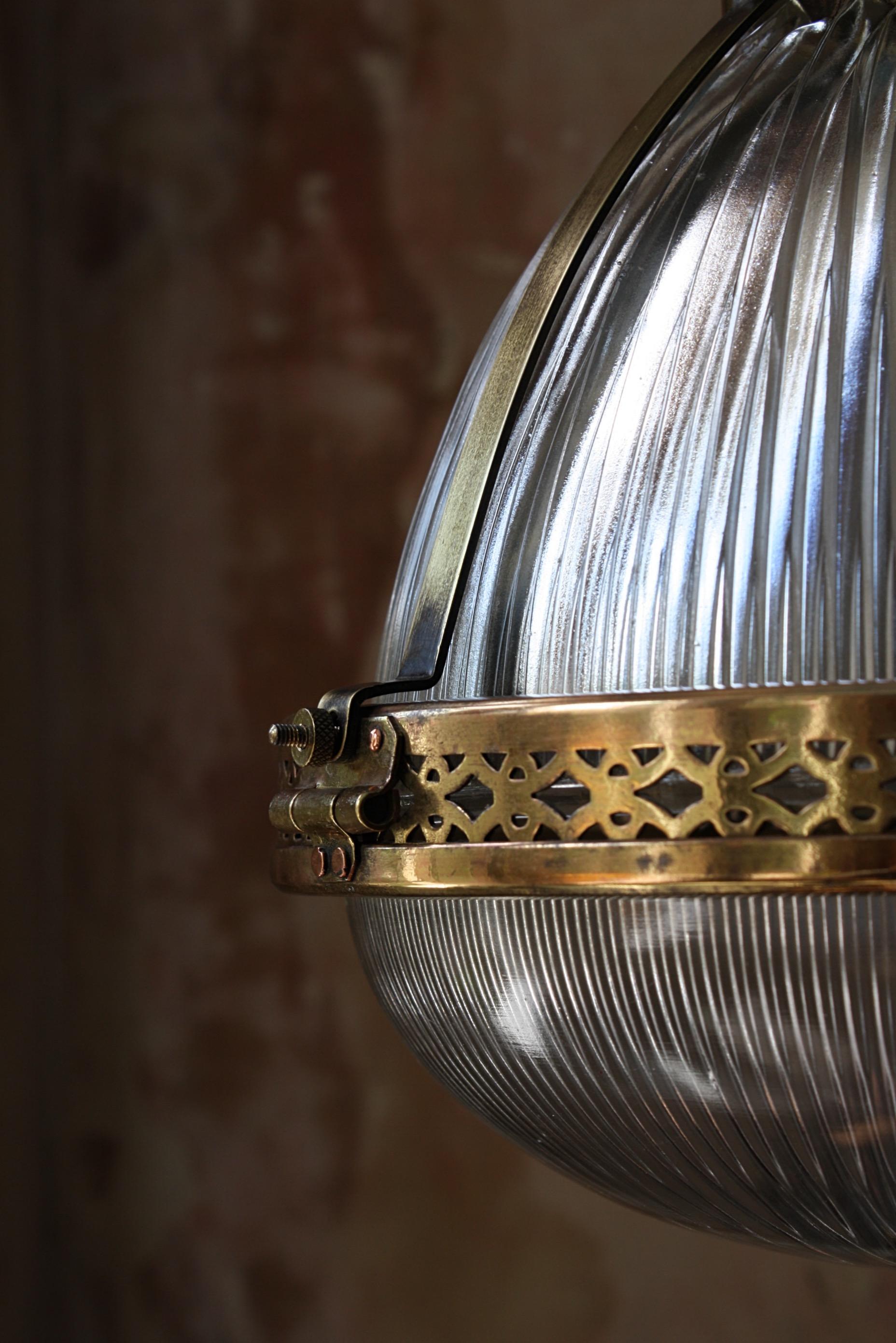 Early 20th Century Large Caged Brass and Prismatic Glass Holophane Lantern Light 2
