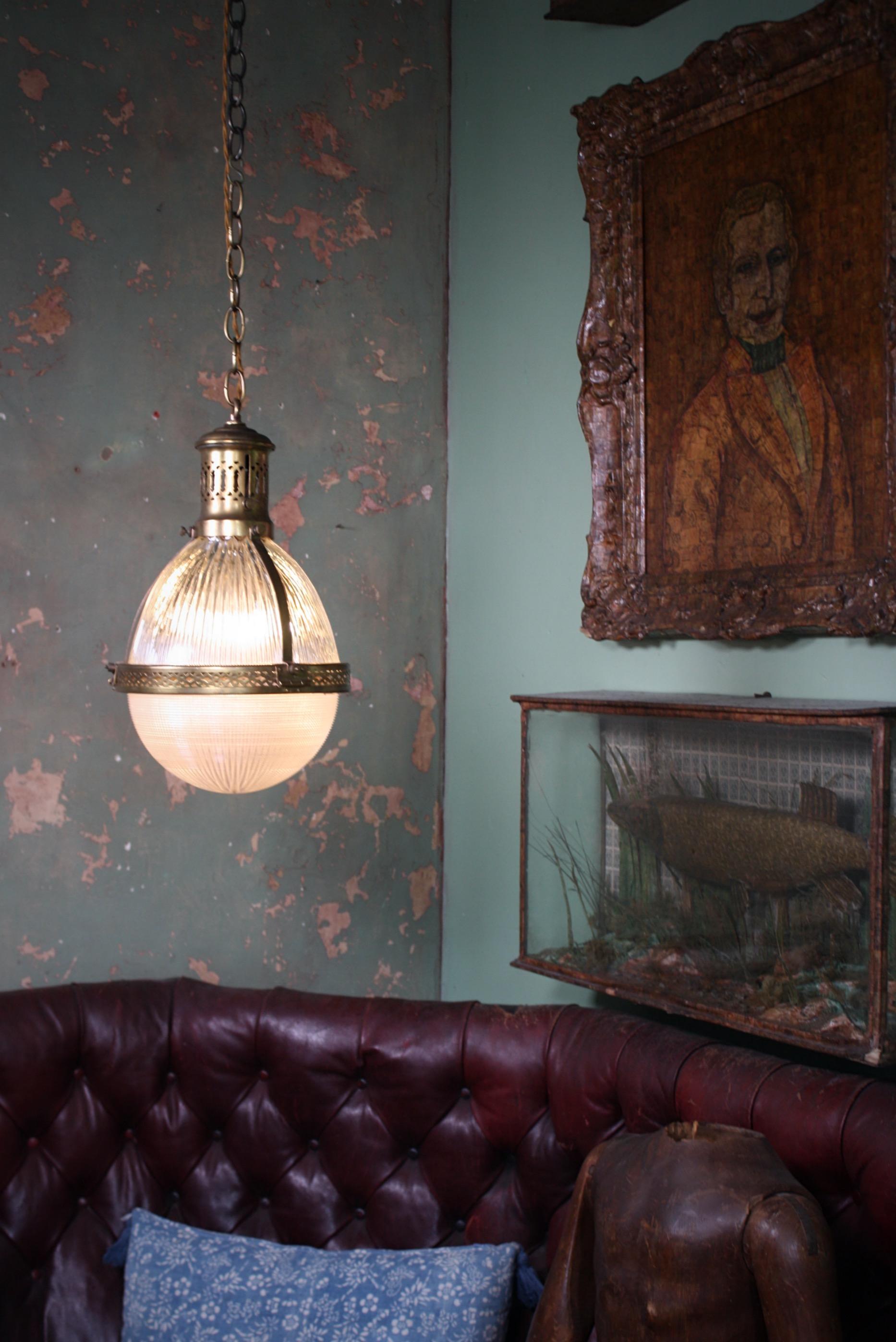 Early 20th Century Large Caged Brass and Prismatic Glass Holophane Lantern Light 3