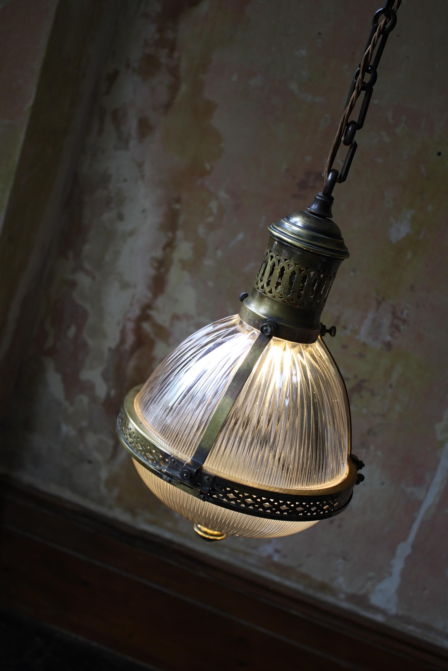 Early 20th Century Large Caged Brass and Prismatic Glass Holophane Lantern Light 3