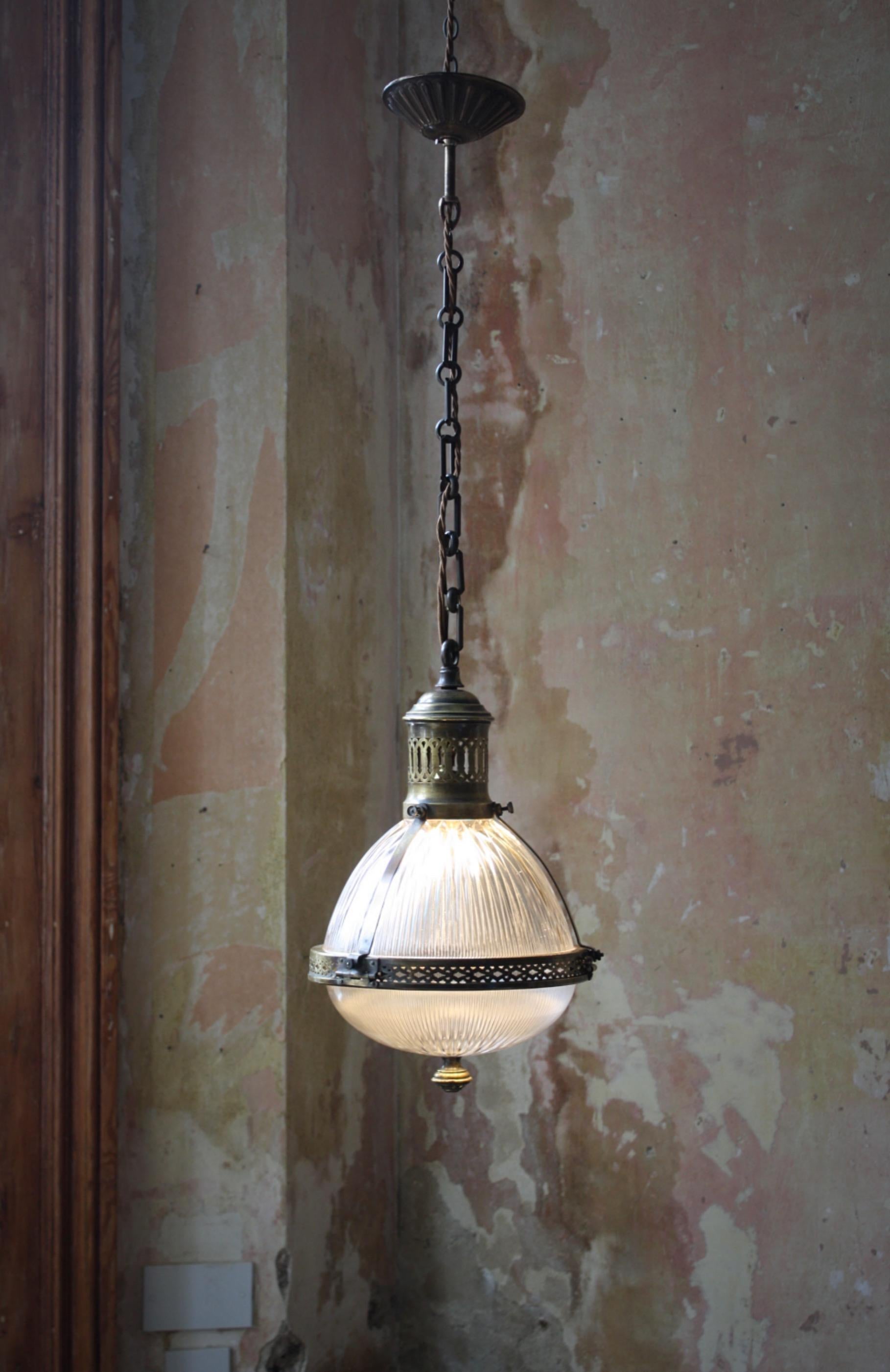 Early 20th Century Large Caged Brass and Prismatic Glass Holophane Lantern Light 4