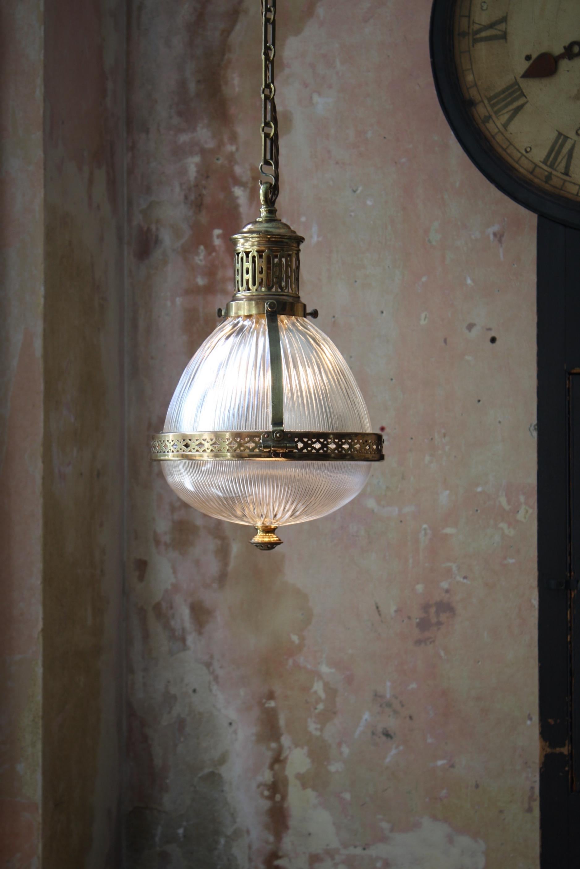 Early 20th Century Large Caged Brass and Prismatic Glass Holophane Lantern Light 4