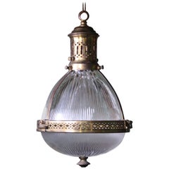 Early 20th Century Large Caged Brass and Prismatic Glass Holophane Lantern Light