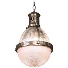 Early 20th Century Large Caged Brass and Prismatic Glass Holophane Lantern Light