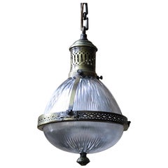 Early 20th Century Large Caged Brass and Prismatic Glass Holophane Lantern Light