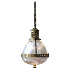 Early 20th Century Large Caged Brass and Prismatic Glass Holophane Lantern Light