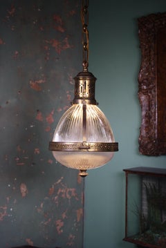 Early 20th Century Large Caged Brass and Prismatic Glass Holophane Lantern Light