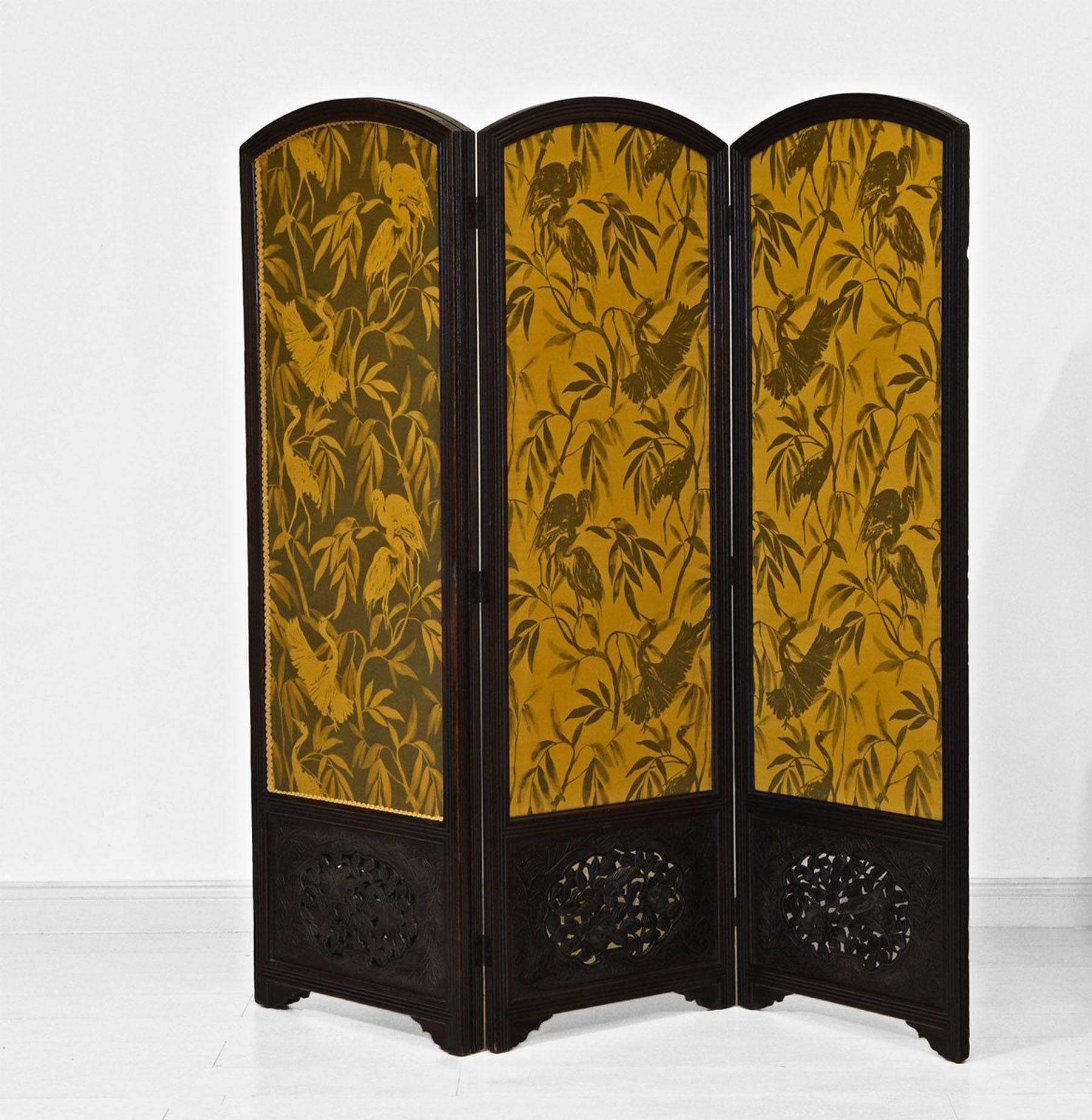 Bohemian Early 20th Century Large Carved Oak Four Fold Screen Later Otori Weave Fabric
