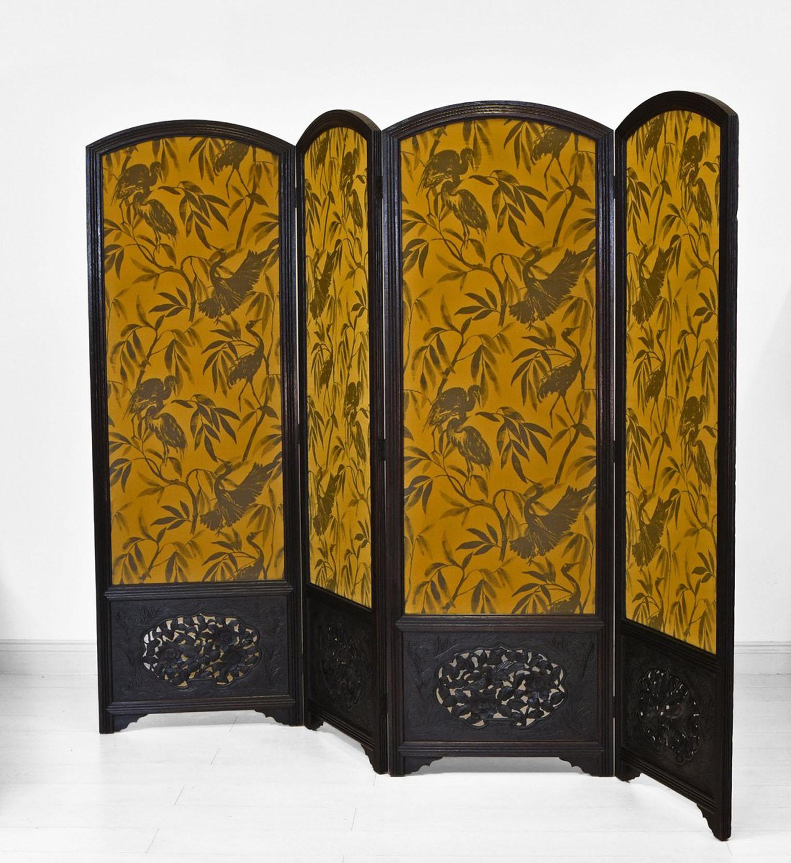 Hand-Carved Early 20th Century Large Carved Oak Four Fold Screen Later Otori Weave Fabric