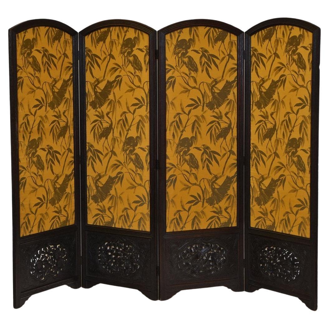 Early 20th Century Large Carved Oak Four Fold Screen Later Otori Weave Fabric