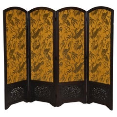 Early 20th Century Large Carved Oak Four Fold Screen Later Otori Weave Fabric