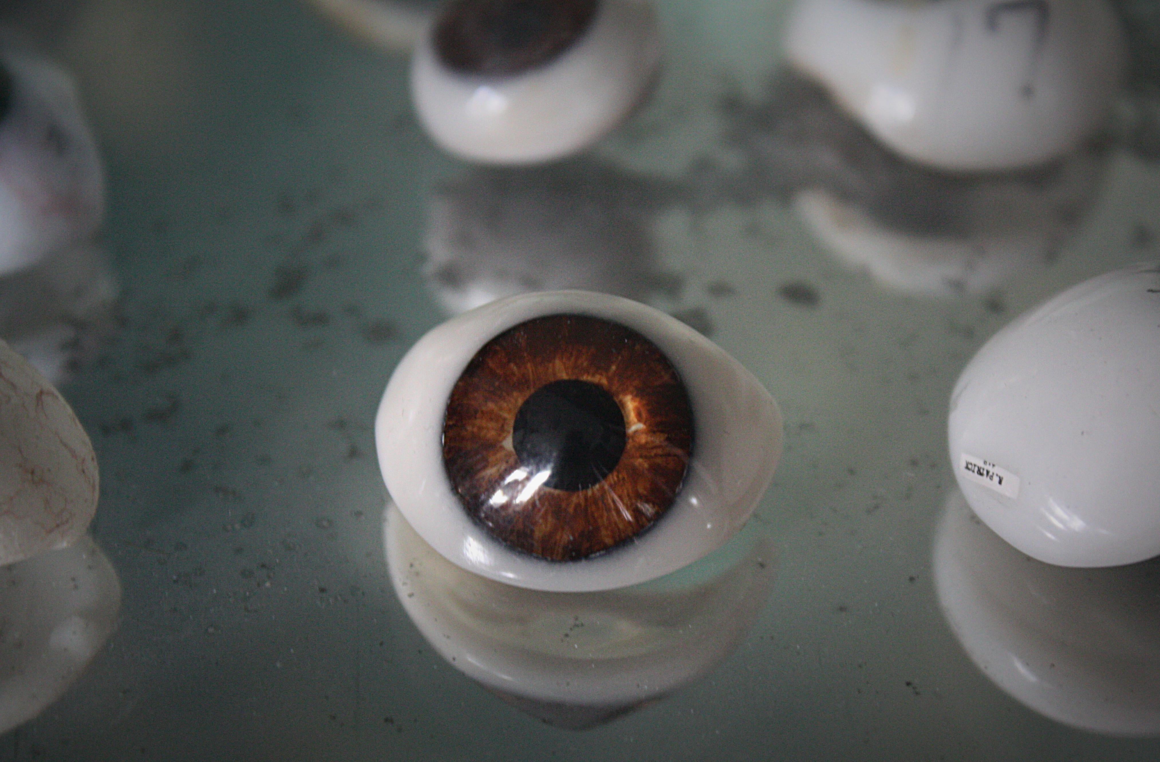 Here we have a rare and large collection of prosthetic eyes, removed from a funeral directors in the east of England. Unsure if these where used first hand within the funeral directors for display purposes or actually used for open coffins. There