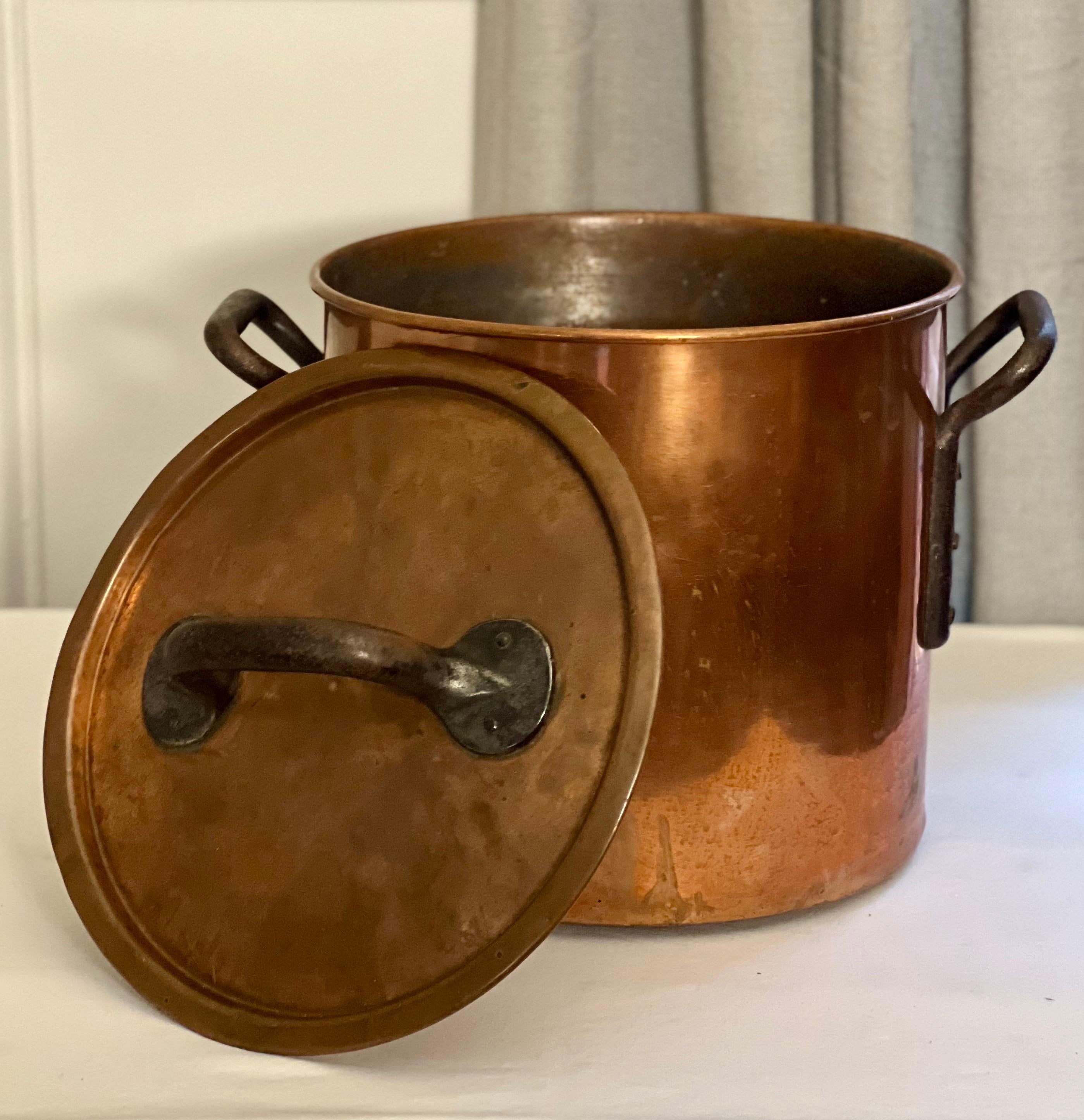 Large copper pot, log holder, ice bucket or jardiniere, early 20th century.

Wonderful, super sturdy pot with chunky iron handles and fitted lid. This is a versatile and handsome vessel that would be a fantastic addition to your home. Great to use