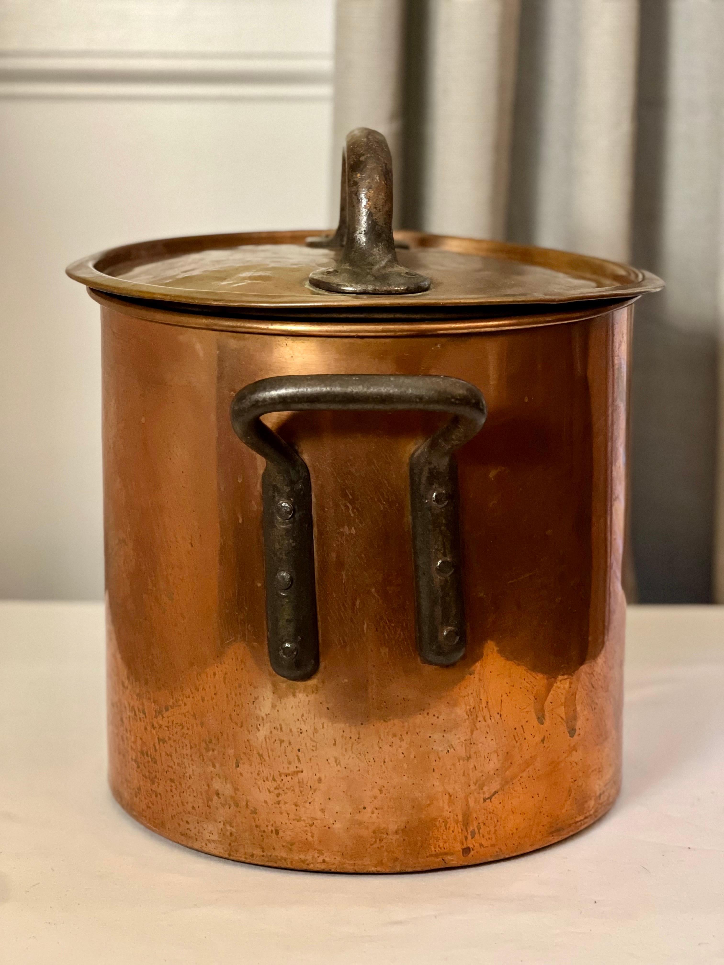 20ième siècle Grand pot en cuivre du début du 20e siècle avec poignées en fer en vente