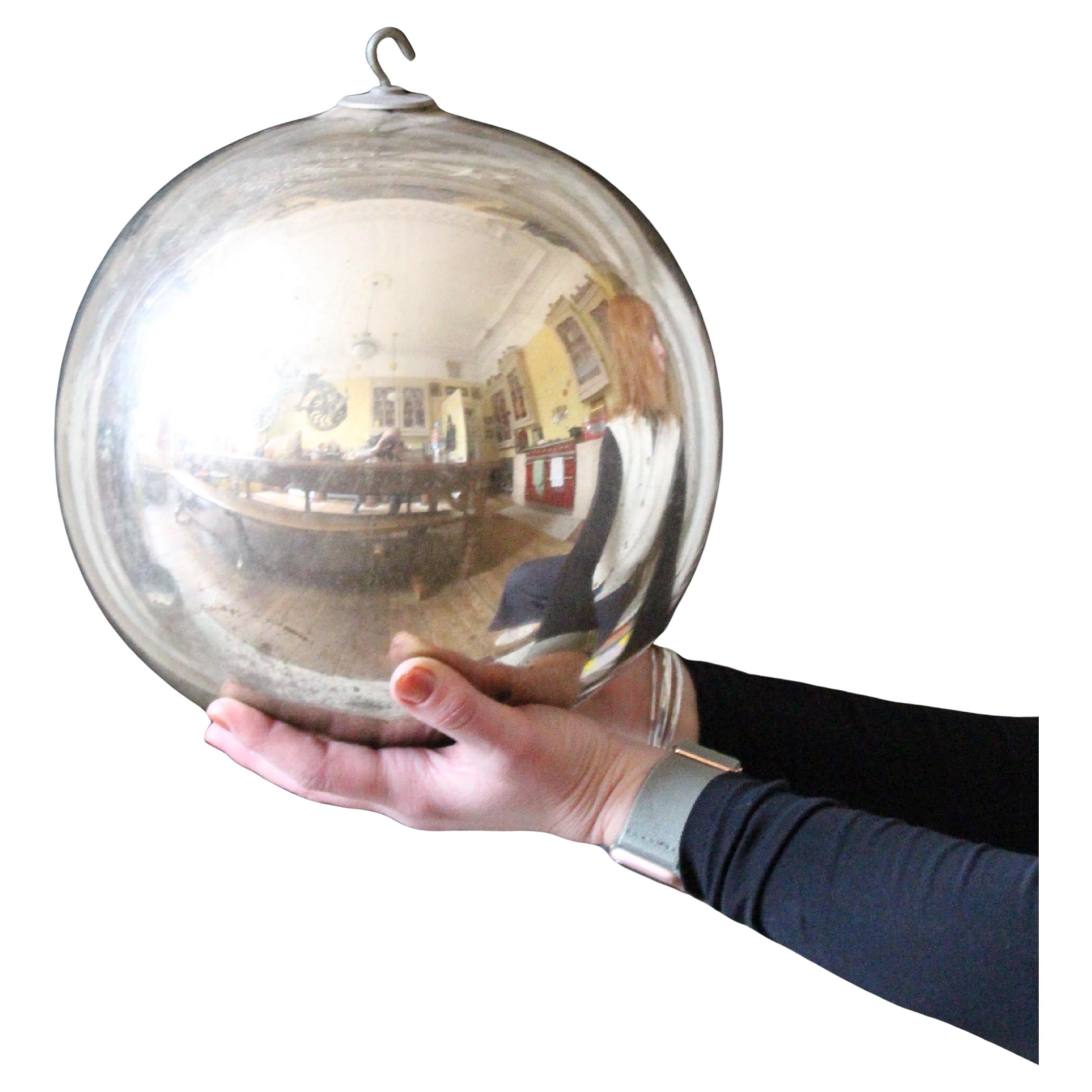 Early 20th Century Large Foxed Mercury Mirror Witches Hanging Ball Curio