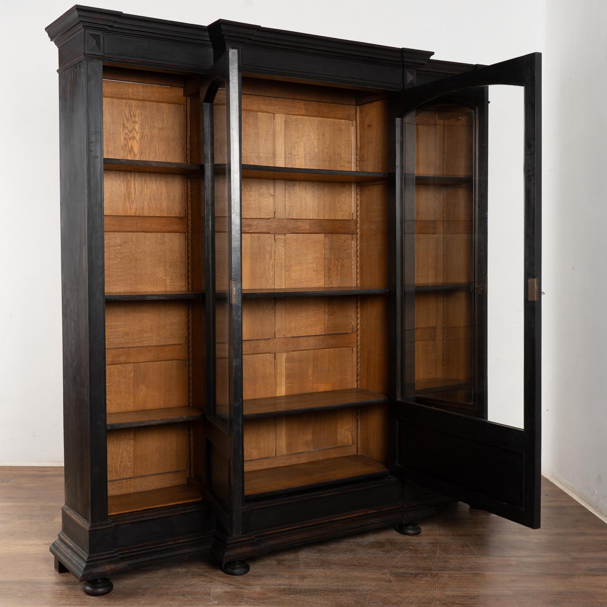 French Provincial Early 20th Century Large French Black Bookcase Display Cabinet For Sale