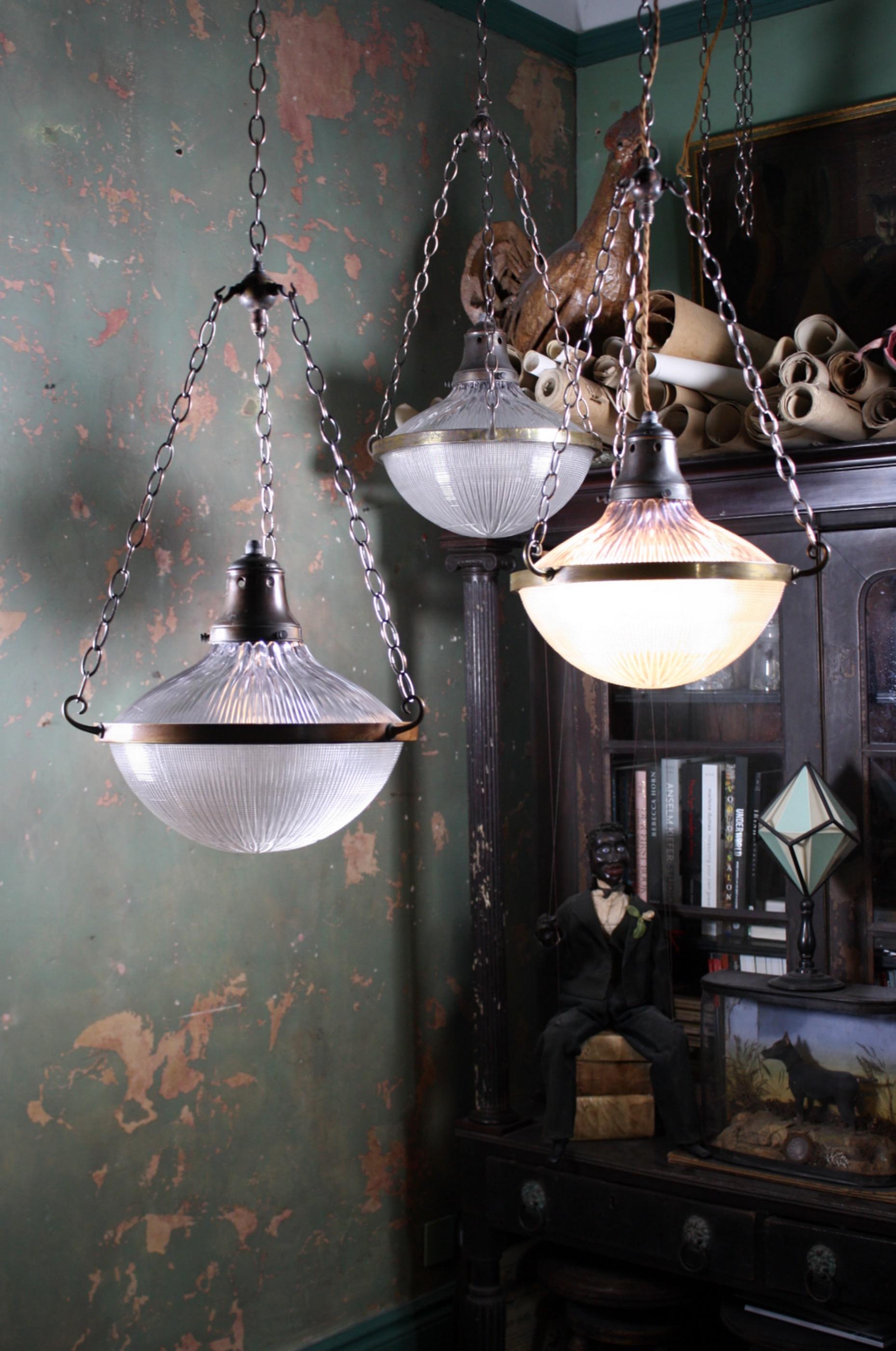 English Early 20th Century Large Holophane Blondel Stiletto Pendants Lights 3 Available
