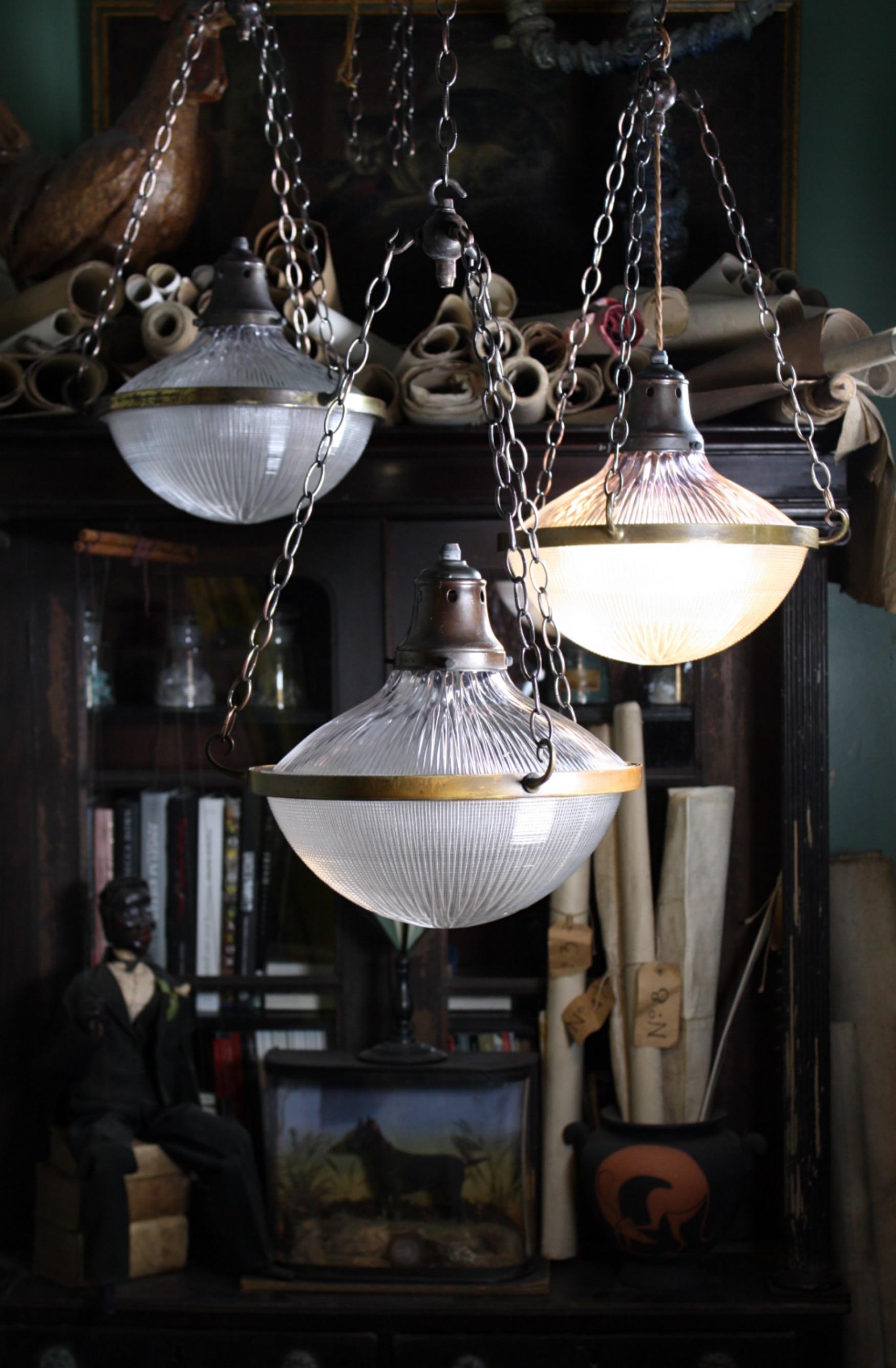 Early 20th Century Large Holophane Blondel Stiletto Pendants Lights 3 Available 2