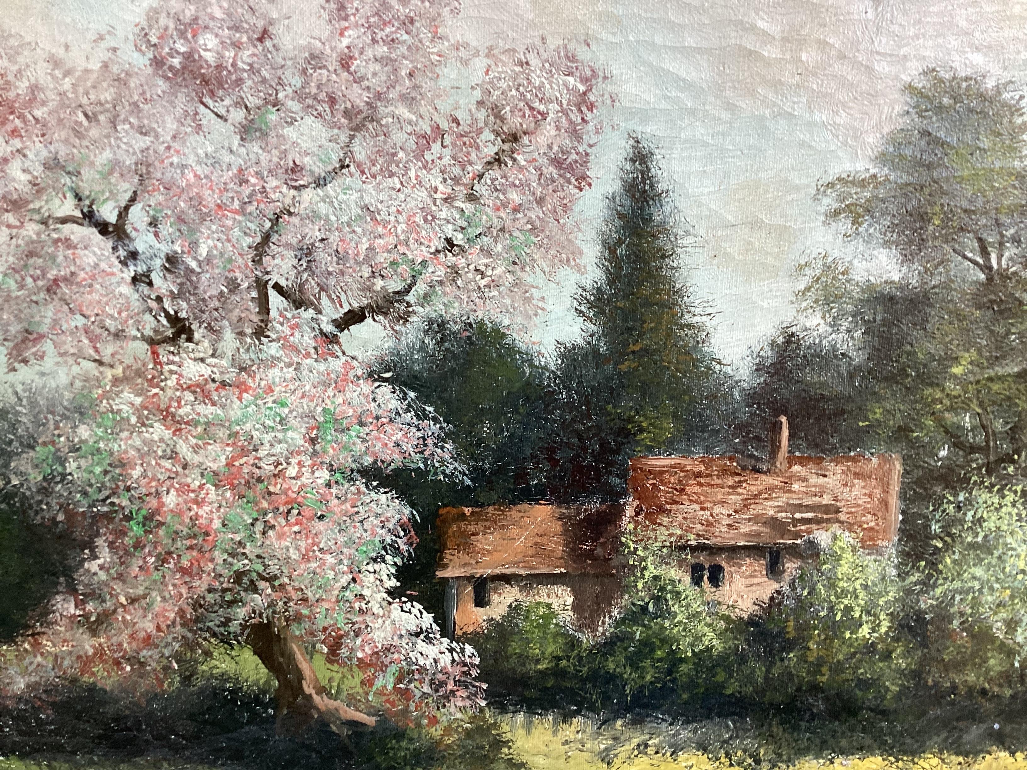 Große Landschaft mit Kirschblüten Gemälde auf Leinwand Signiert M.P.Chin. Gesamtrahmengröße 42