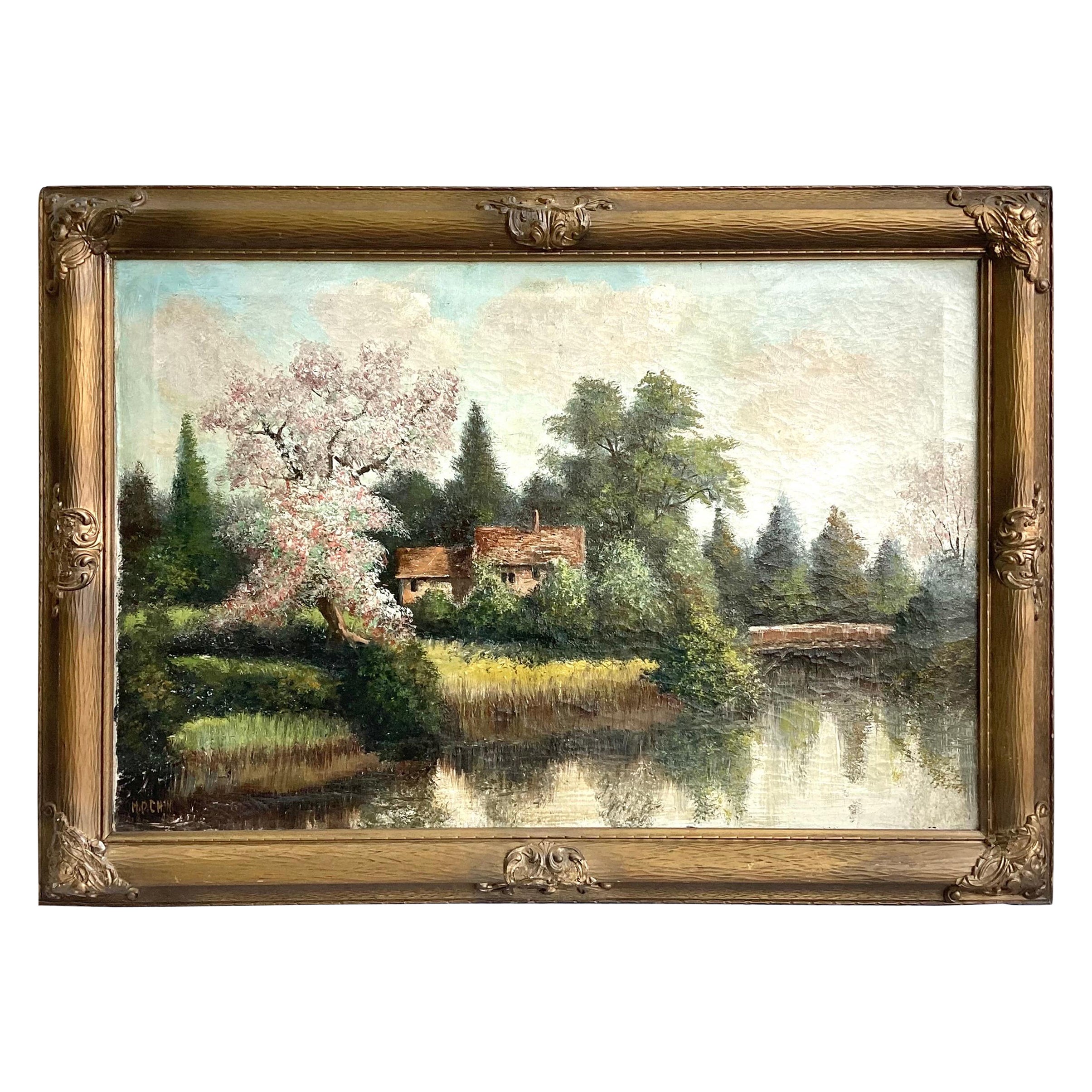 Grand paysage avec fleurs de cerisier, huile sur toile signée, début du 20e siècle