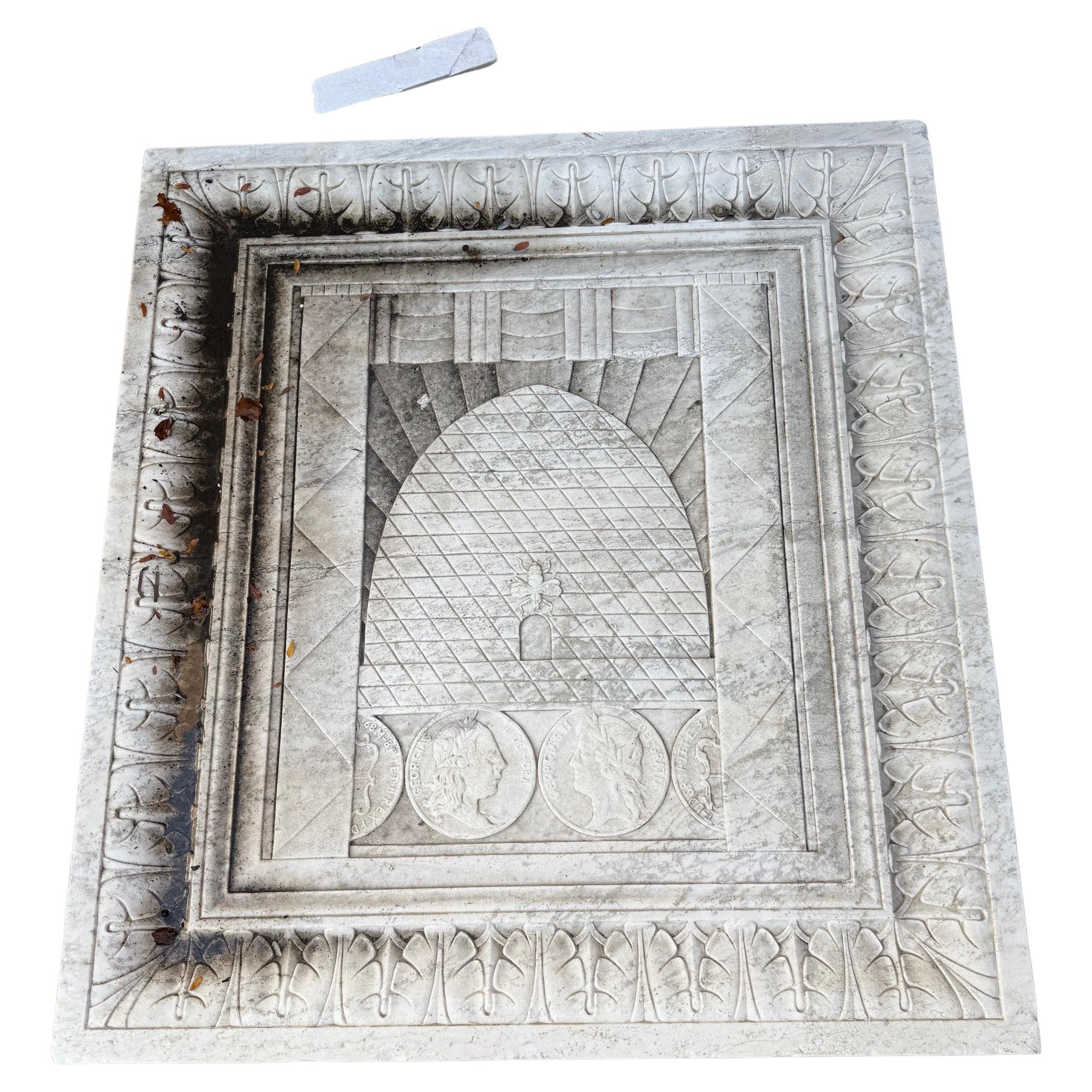 Early 20th Century large marble bank frieze, plaque with a single bee, beehive and Coins salvaged from a local bank built in 1929 in Stamford Ct. 
The plaque featuring a beehive with a single bee and coins is a historic symbol of thrift, hard work,