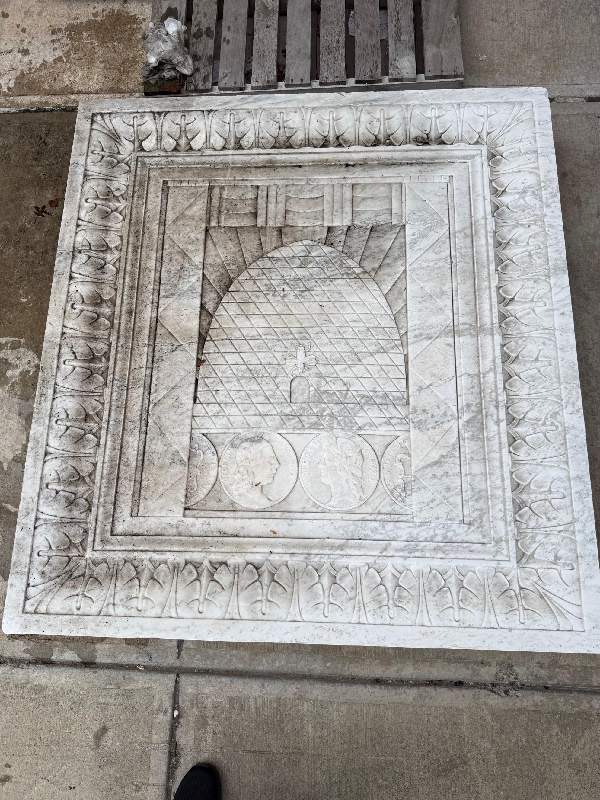 American Early 20th Century Large Marble Bank Frieze, Plaque with Beehive and Coins For Sale