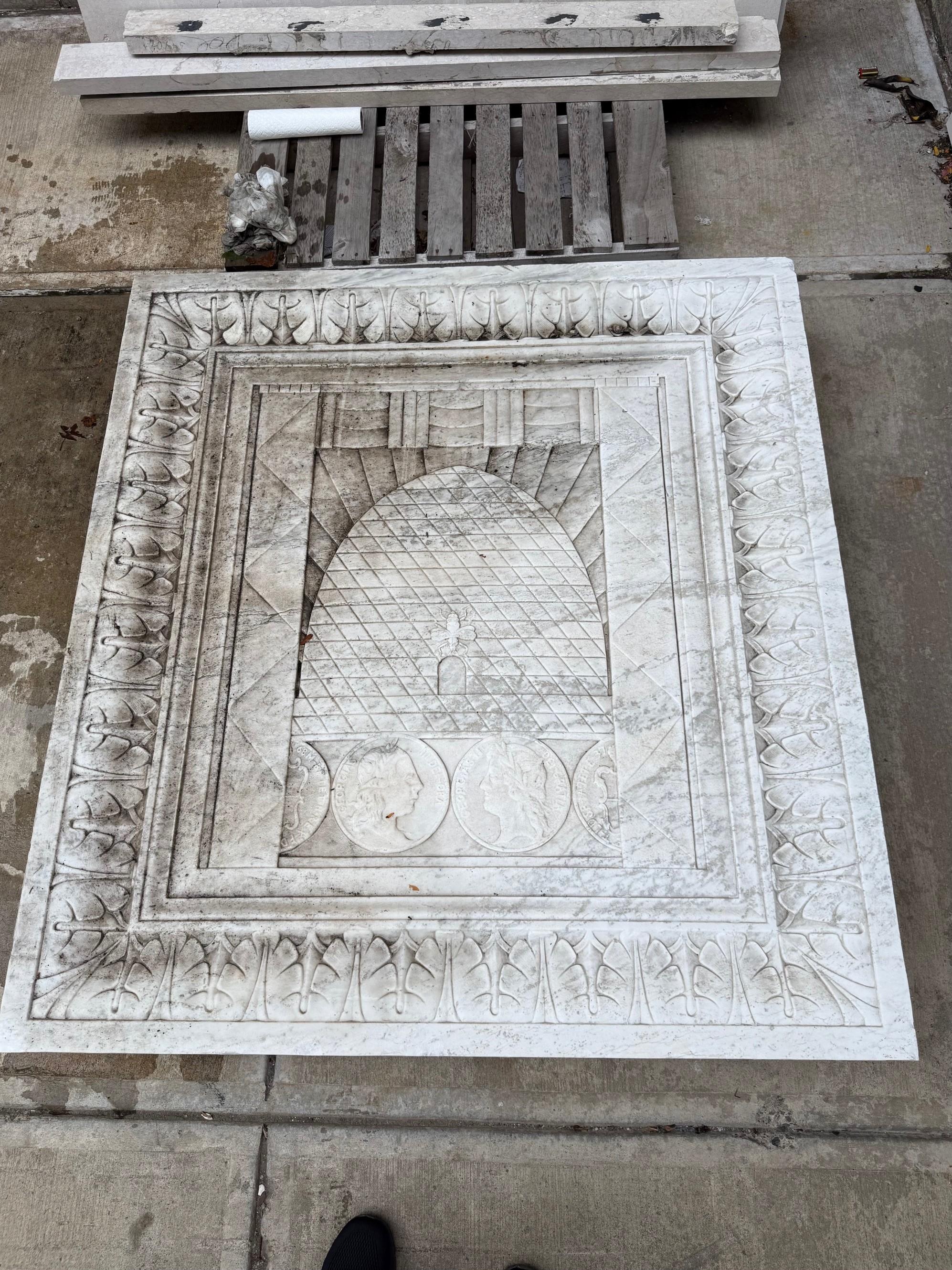 Carved Early 20th Century Large Marble Bank Frieze, Plaque with Beehive and Coins For Sale