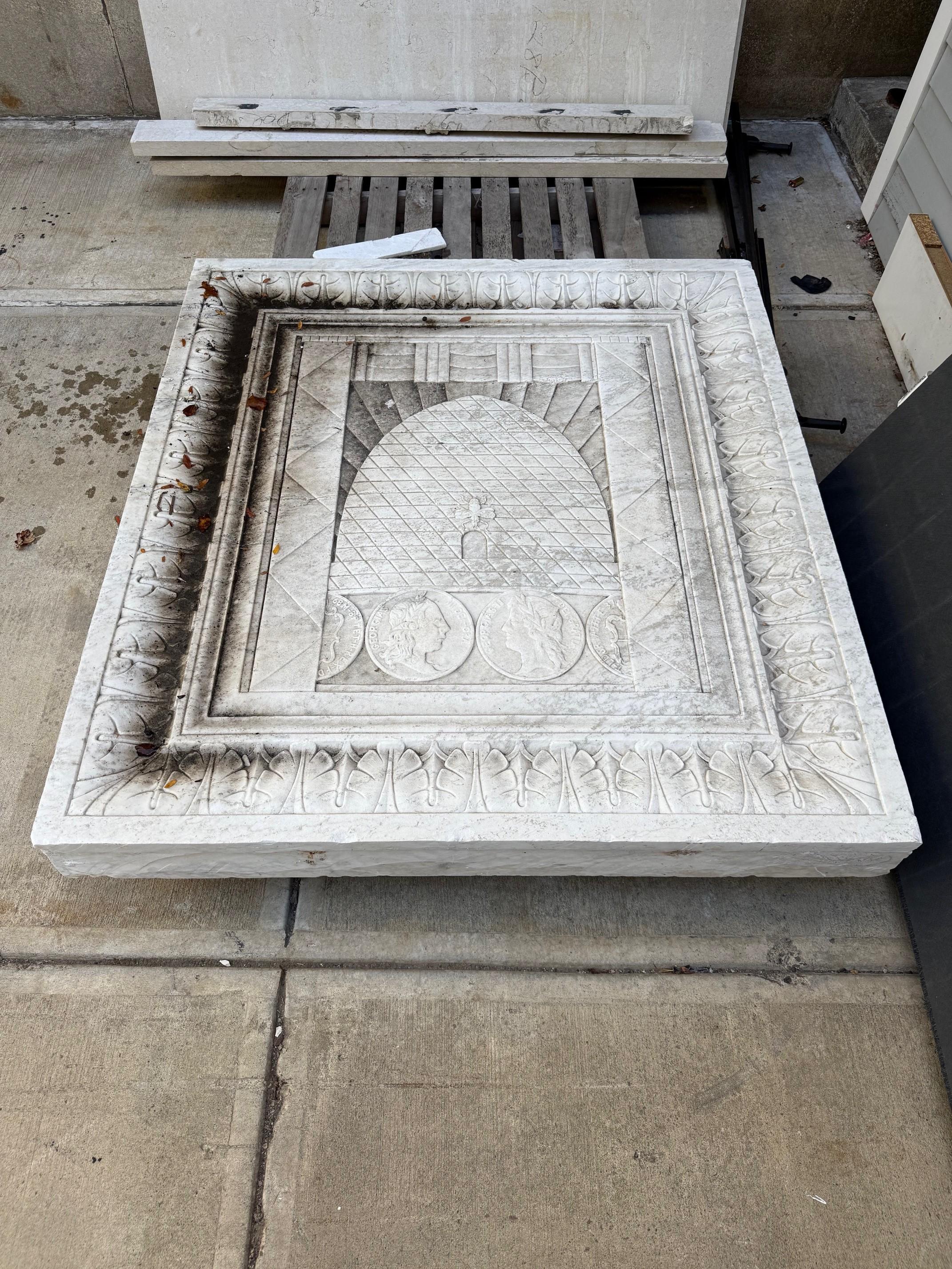 Early 20th Century Large Marble Bank Frieze, Plaque with Beehive and Coins In Good Condition For Sale In Stamford, CT