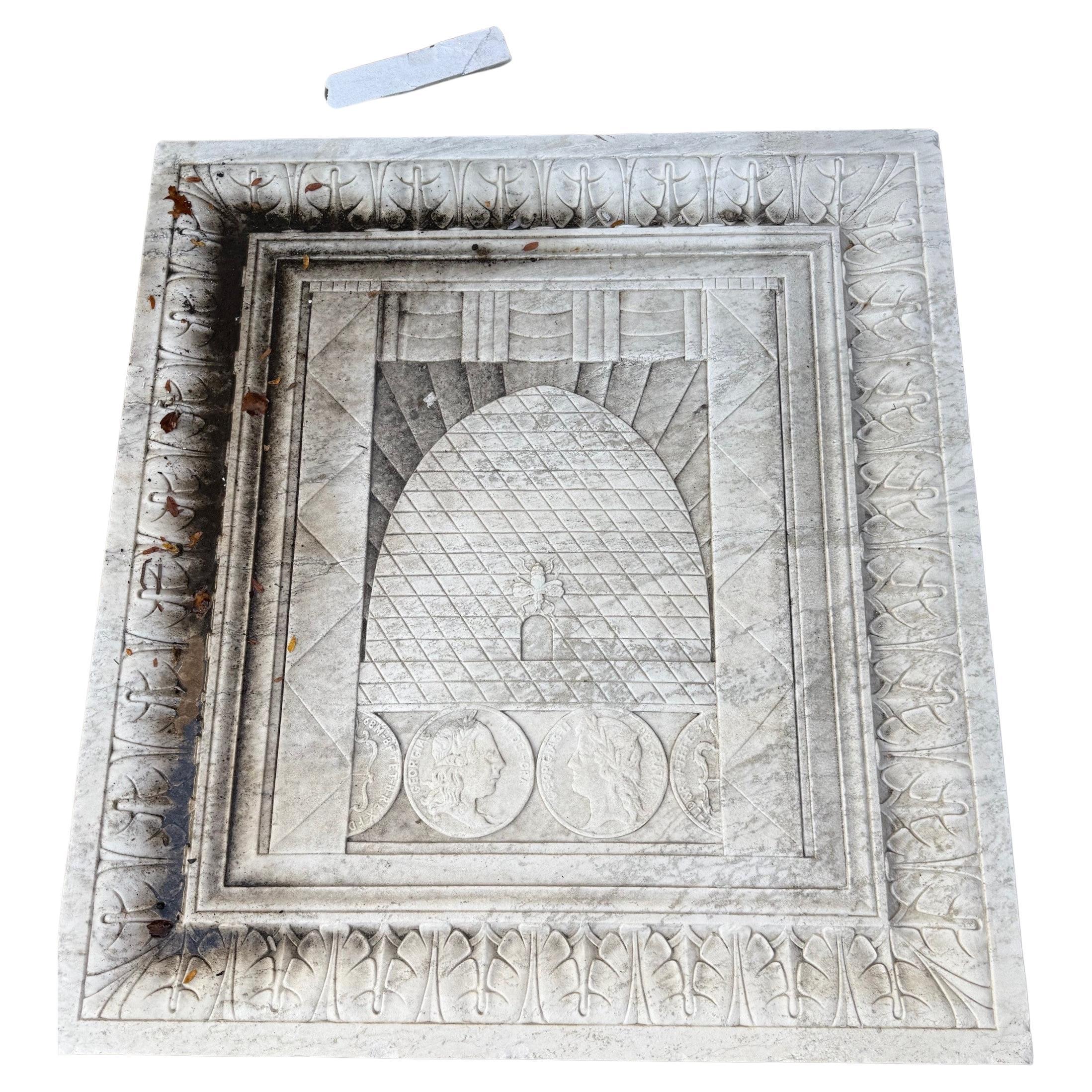 Early 20th Century Large Marble Bank Frieze, Plaque with Beehive and Coins For Sale