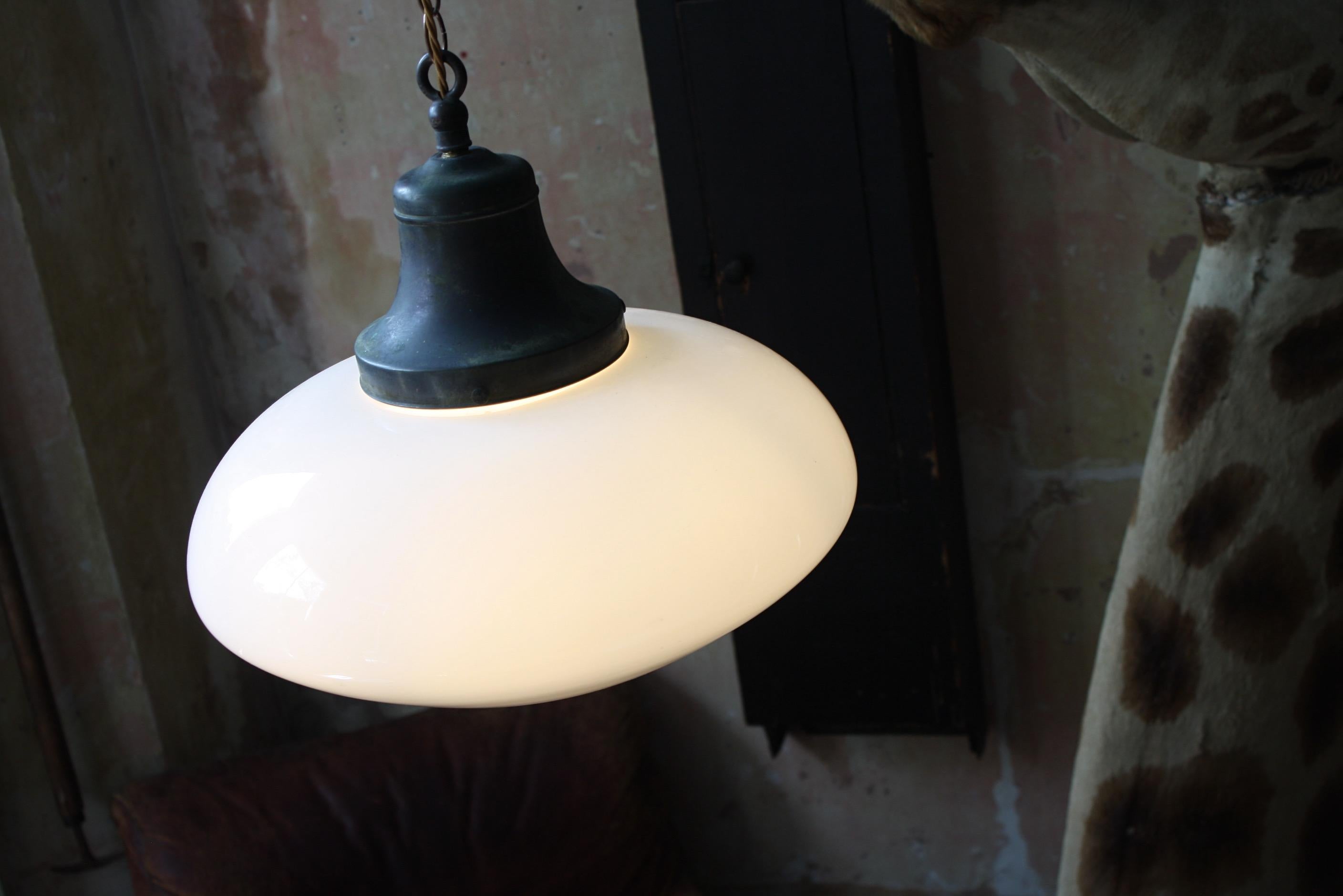 Early 20th Century Large Opaline Milk Glass & Copper Pendant Light Chandelier In Good Condition In Lowestoft, GB