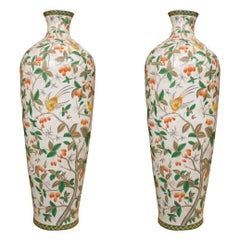 Early 20th Century Large Pair of Hand Painted Polychrome Vases