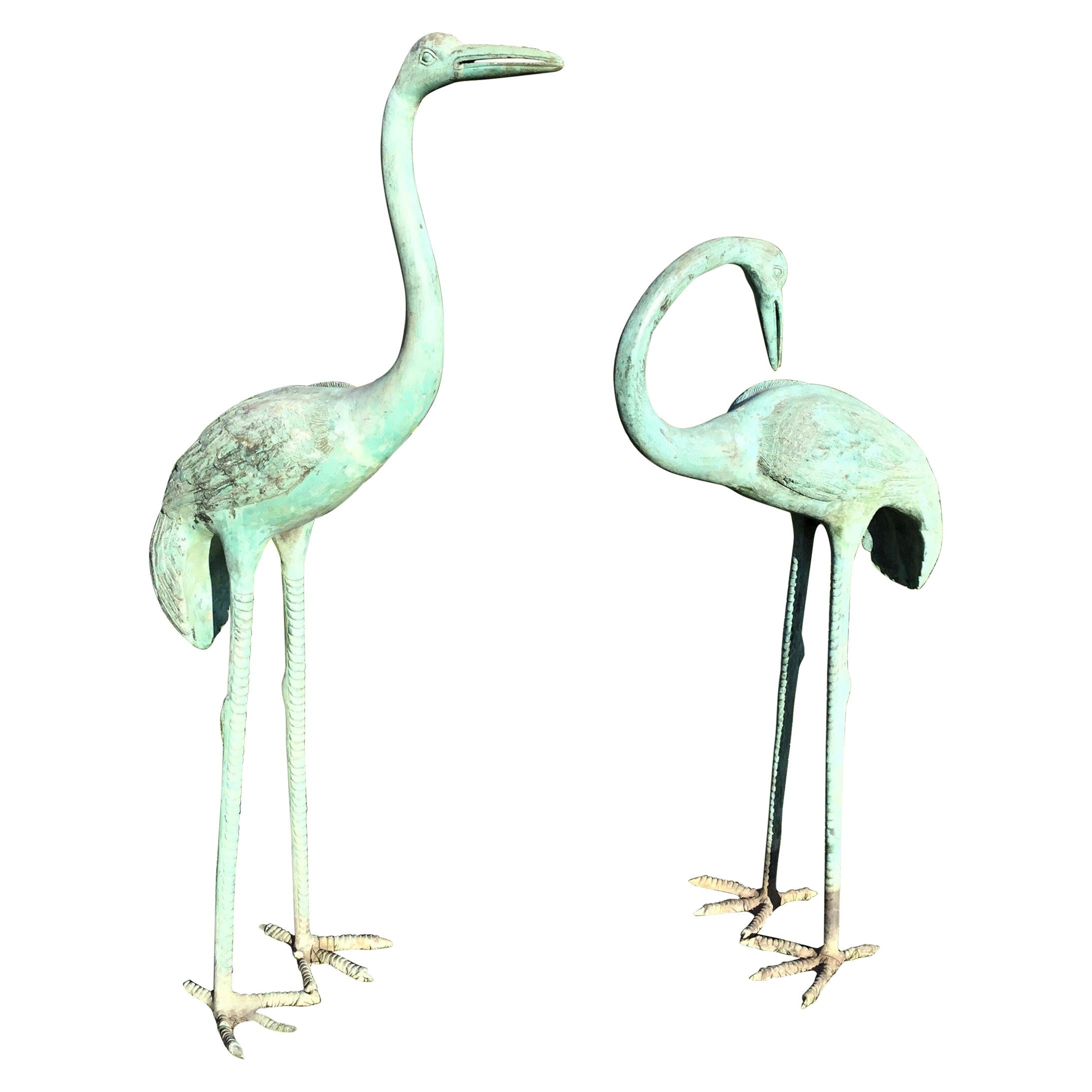 Early 20th Century Large Pair of Japanese Bronze Life-Size Cranes For Sale