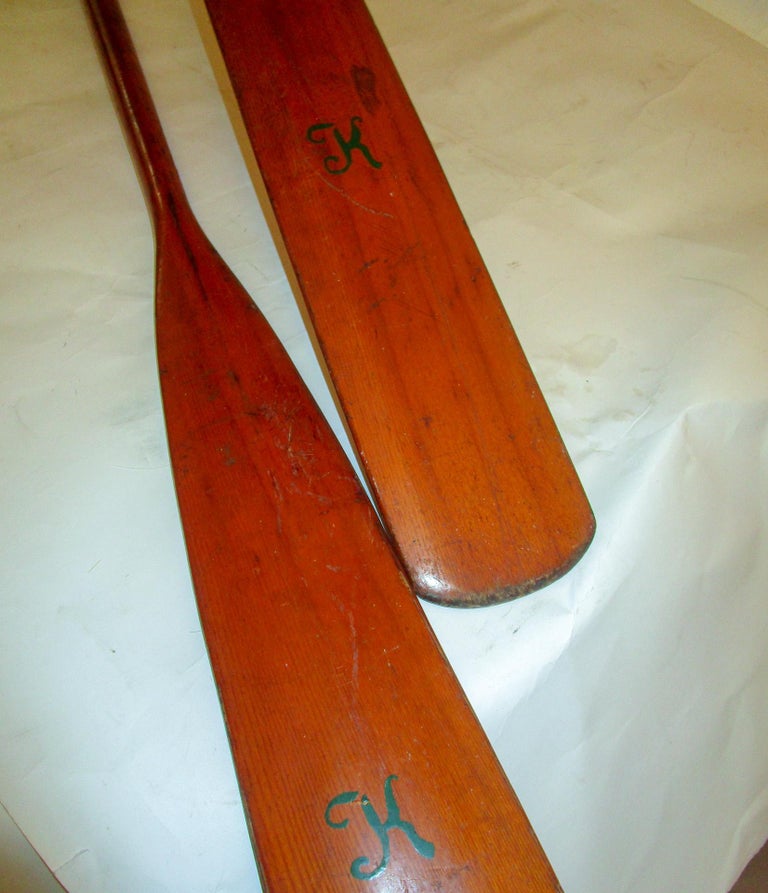 Early 20th century Large Size Pair of Wooden Rowboat Oars with Leather
